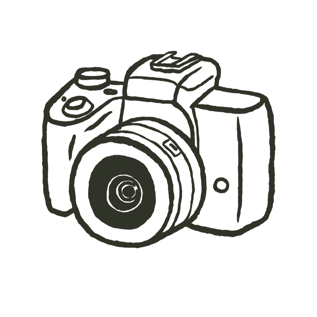 Outline drawing of a camera with a large lens and viewfinder.