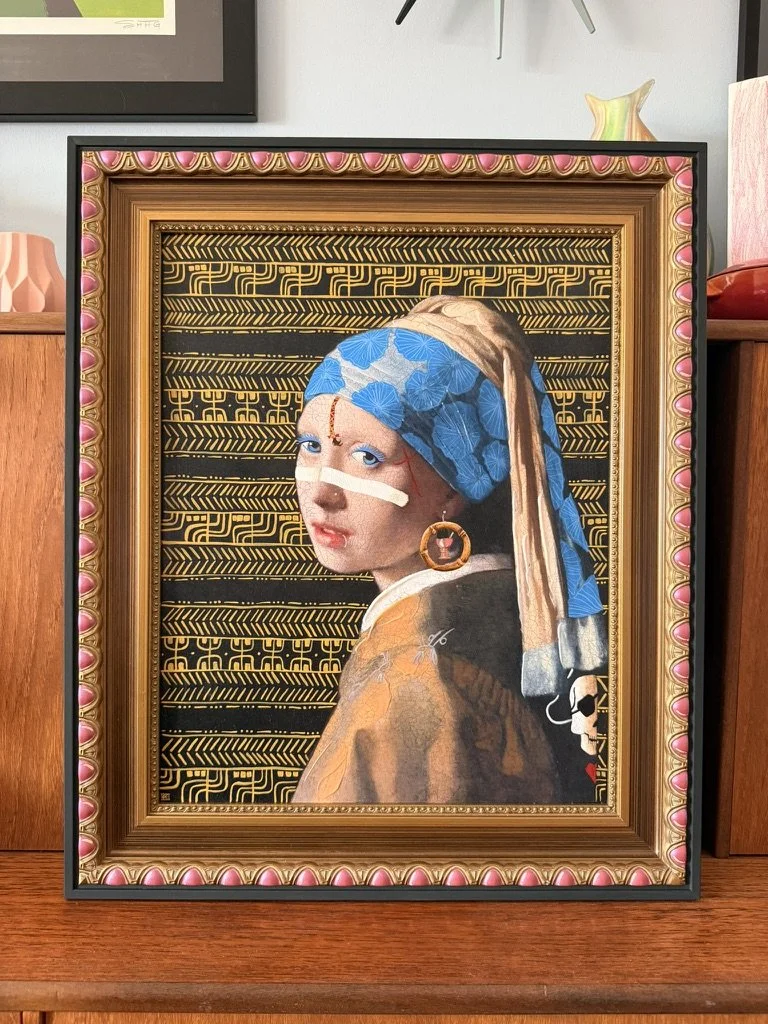 Mixed media art combining a famous painting portrait of a woman with contemporary elements such as a blue patterned headscarf, tattoo, and digital-like background, framed with decorative pink and gold trim.