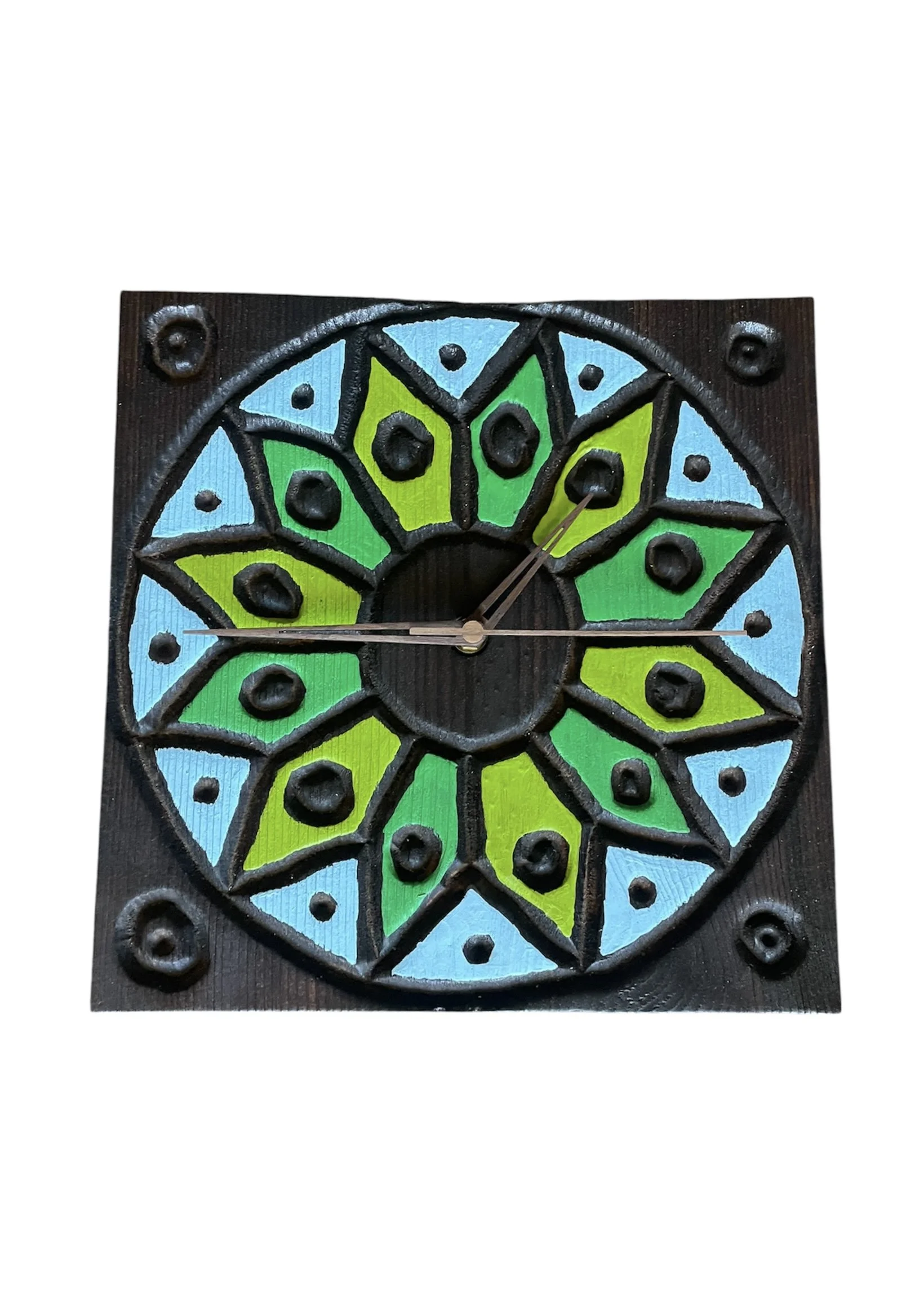 Carved & Painted Panel Clock - Blue & Green