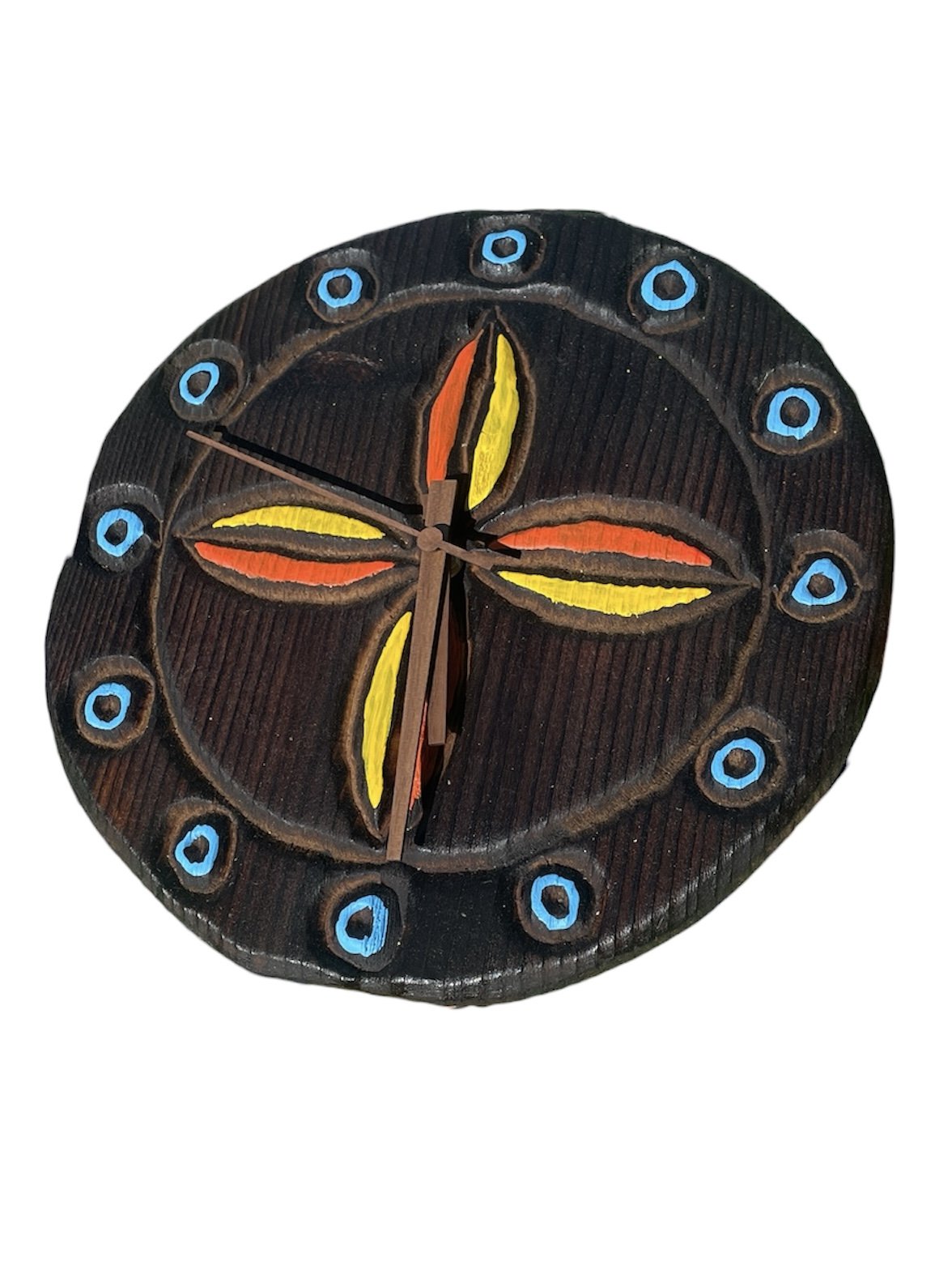Carved & Painted Wooden Tiki Clock - Round Tapa Leaf Style