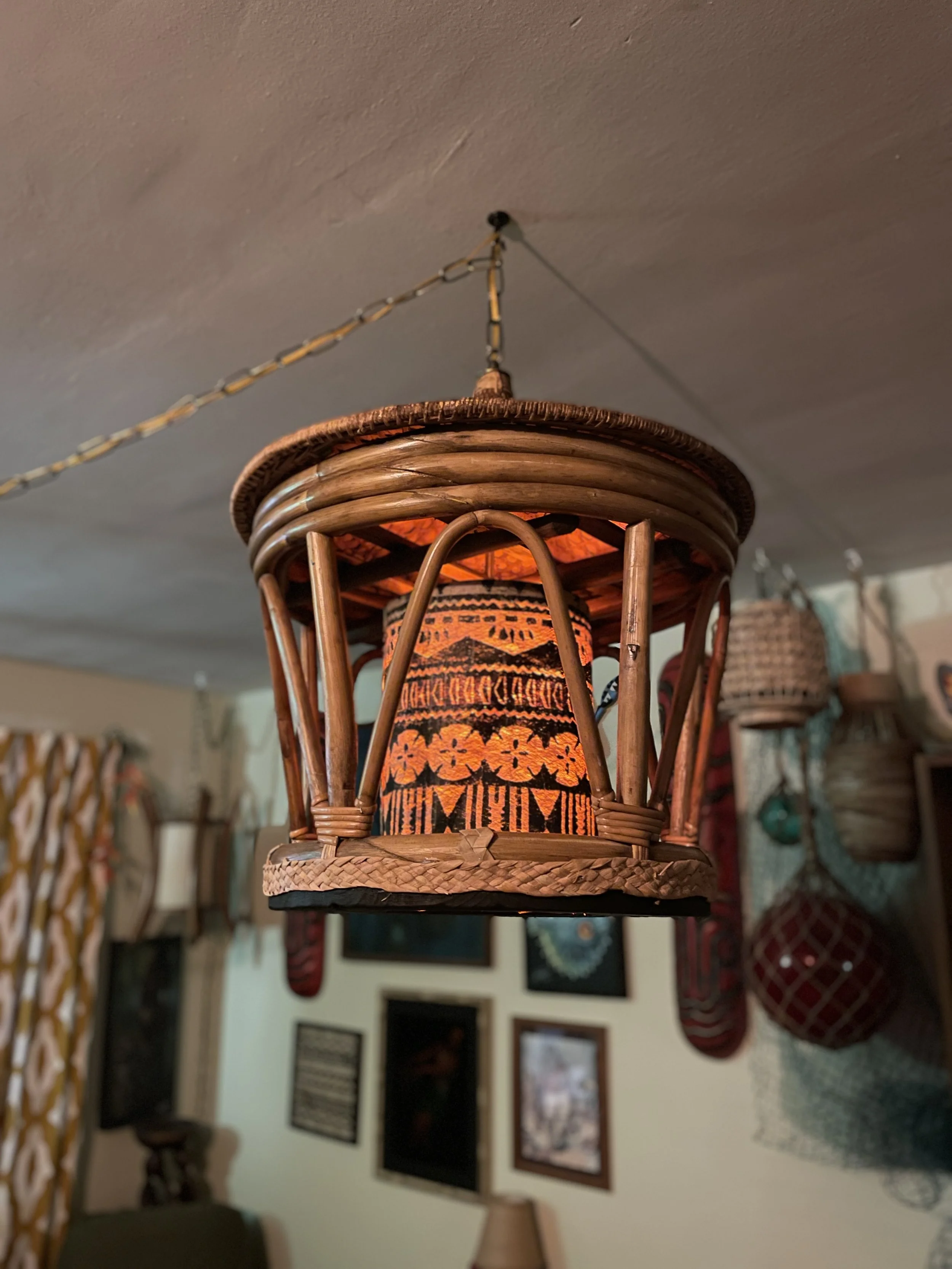 Handmade Vintage Rattan Tiki Swag Lamp Light Tapa Cloth