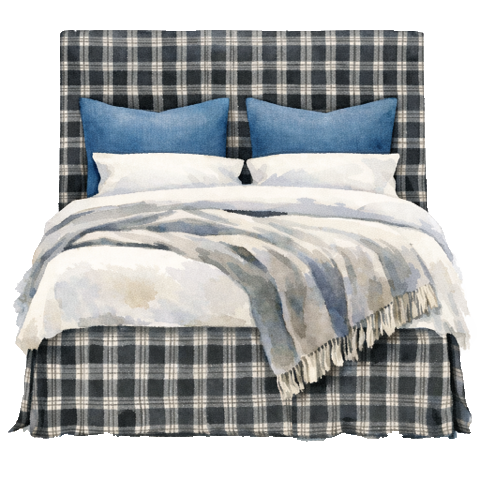 A bed with a checkered black and gray headboard and matching bed skirt, two white pillows, two blue pillows, and a light-colored throw blanket.