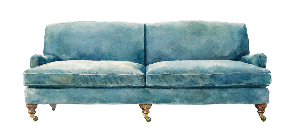 Watercolor illustration of a vintage teal sofa with wooden legs and cushions.