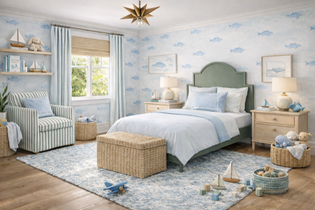 A bedroom decorated in a beach theme with a light green bed, blue and white linens, and nautical accessories. It features a striped armchair, framed photos of boats, a window with light blue curtains, and a star-shaped ceiling light.