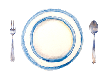 Empty dinner plate with a blue decorative rim, fork on the left, and spoon on the right, set on a white background.