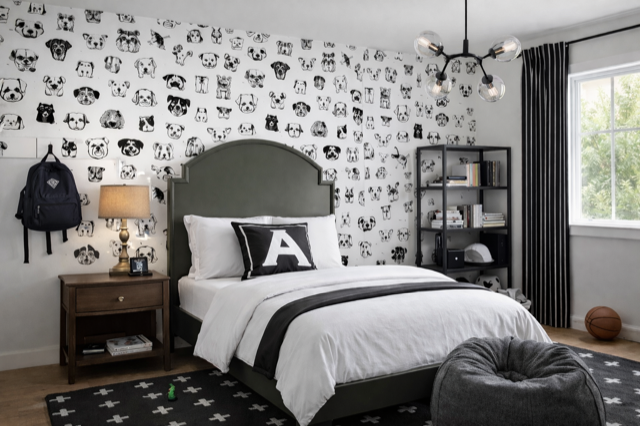 A bedroom with a bed featuring a grey headboard, black and white bedding, and an 'A' pillow. The wall behind the bed is decorated with a black and white dog face pattern. To the left, there's a wooden nightstand with a lamp and a backpack hanging on 