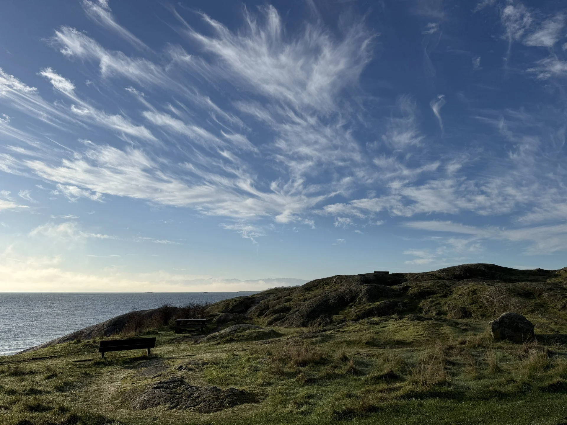 Coastal landscape with grassy hills, rocks, and a view of the ocean under a partly cloudy sky.