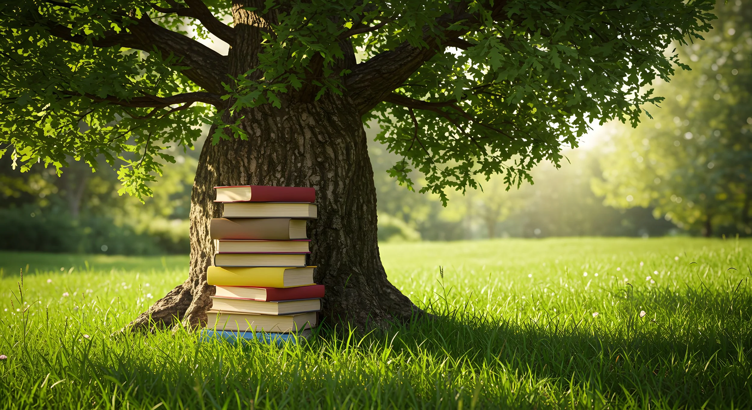 A stack of books placed against the trunk of a large leafy tree in a sunlit park with green grass and distant trees.