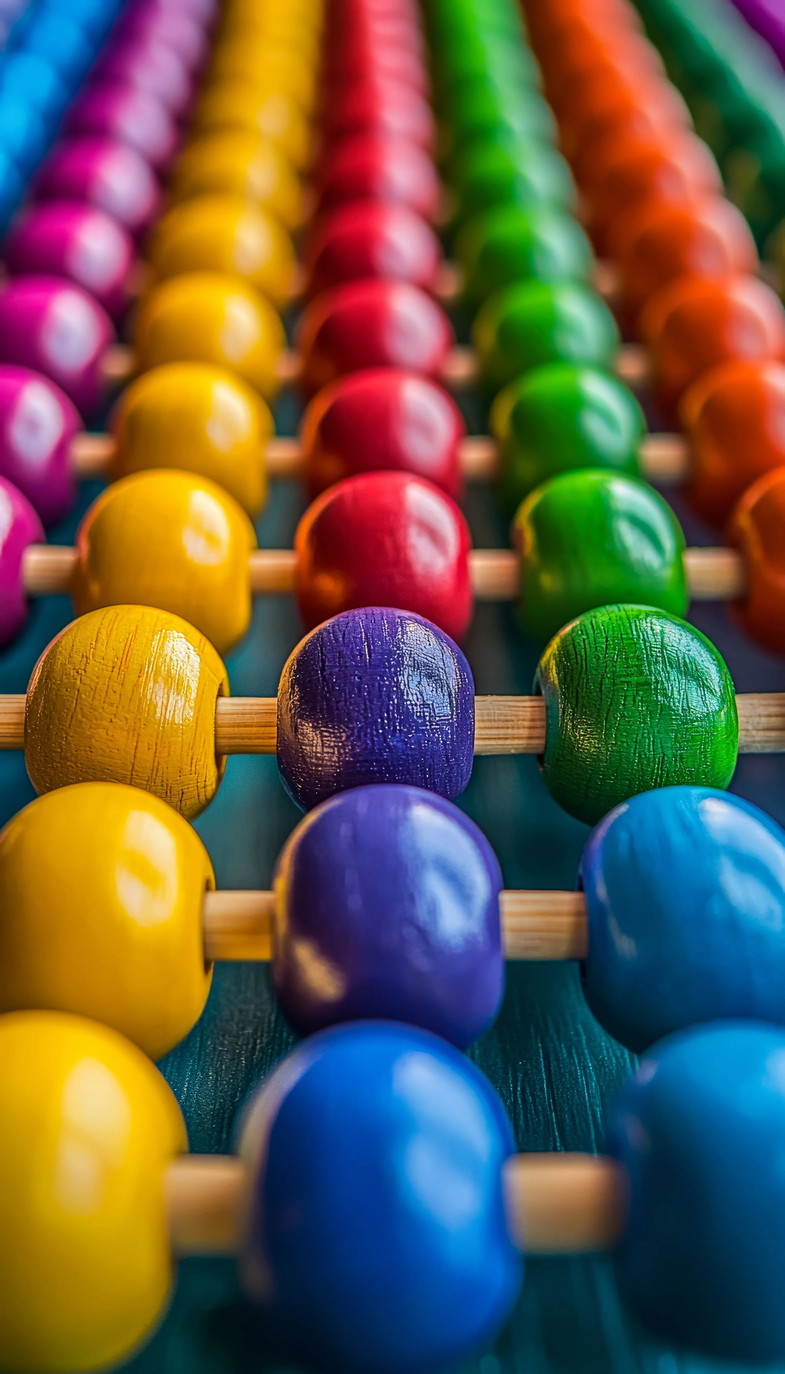 An abacus with colorful wooden beads arranged on sticks in rows, including purple, yellow, red, green, orange, and blue.