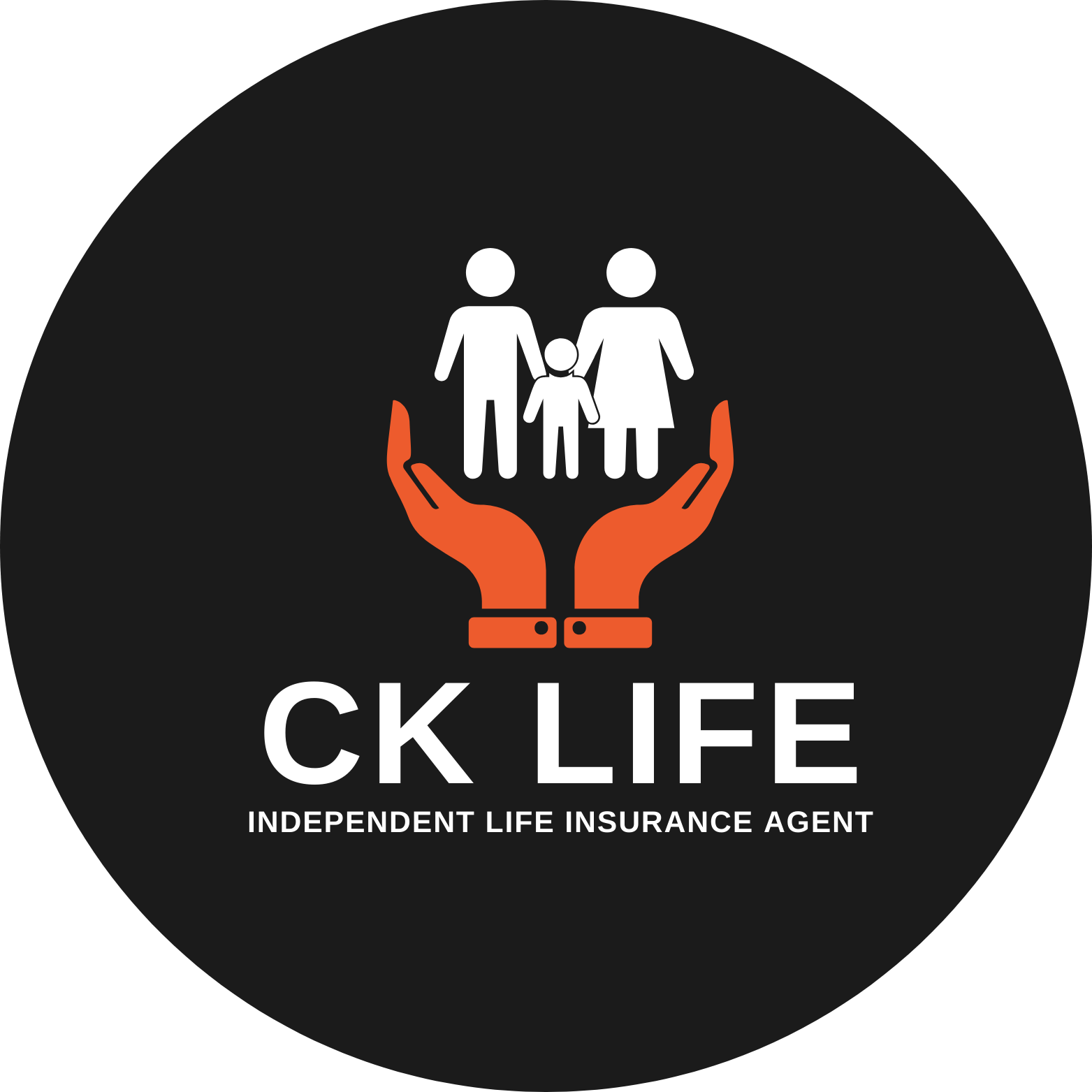 Logo for CK Life, an independent life insurance agent, featuring two hands holding a family of three (a man, a woman, and a child).