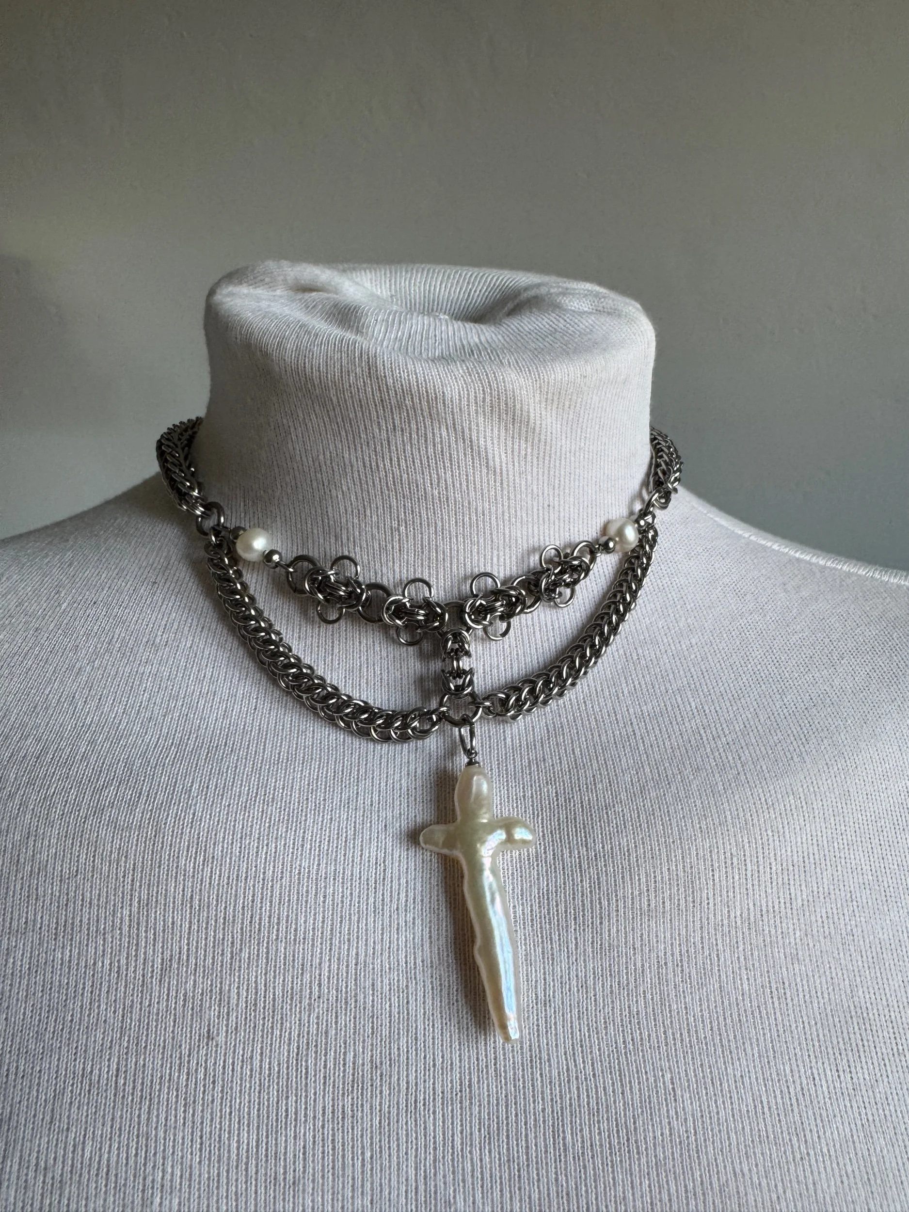 Pearl cross double layer necklace