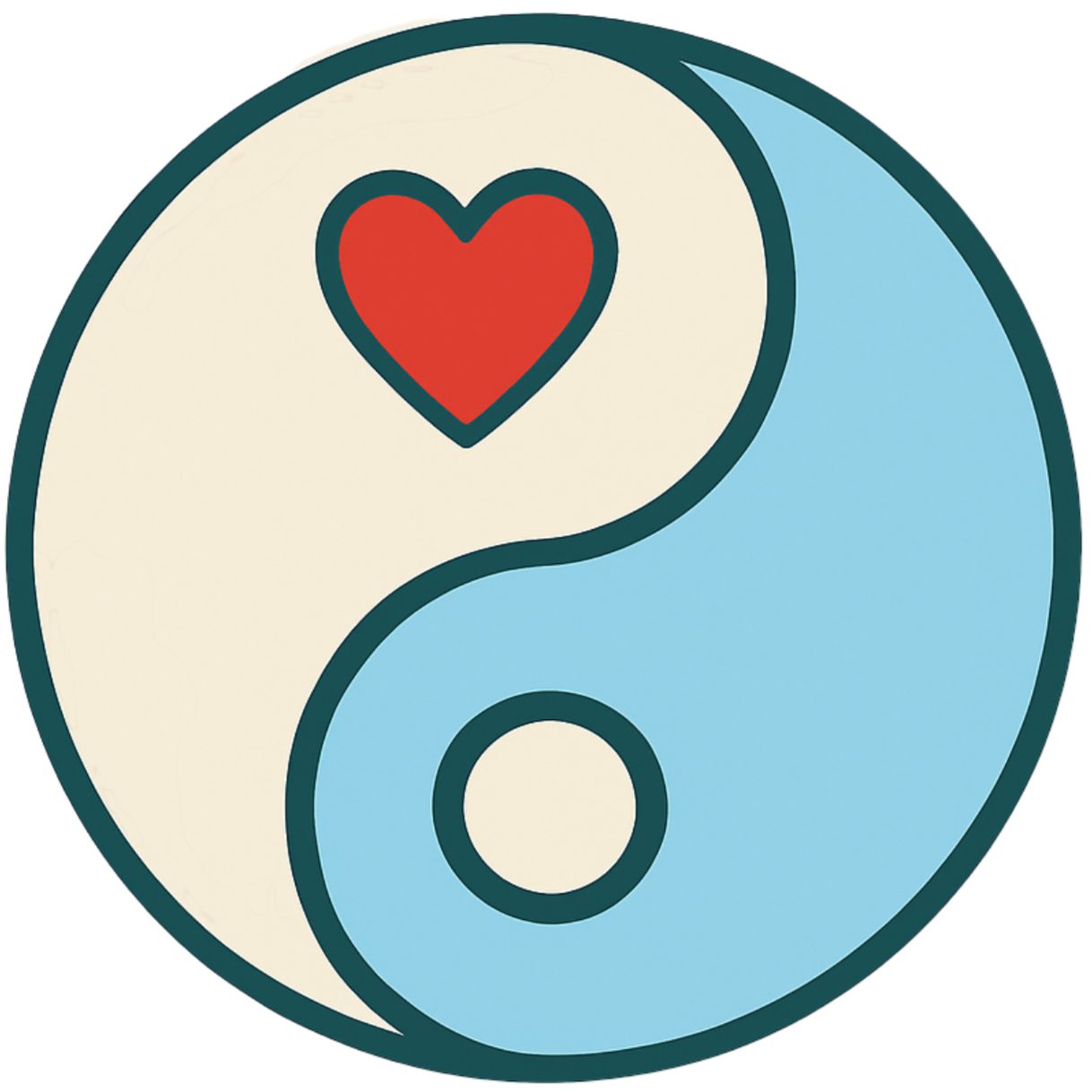 A yin-yang symbol with a red heart inside the top white section.
