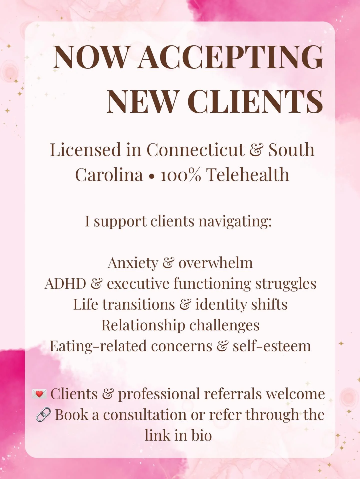 ✨ I am now accepting new therapy clients in Connecticut and South Carolina for telehealth sessions.

If you (or someone you&rsquo;re supporting) are feeling overwhelmed, stuck in a life transition, navigating ADHD or anxiety, or struggling with self-