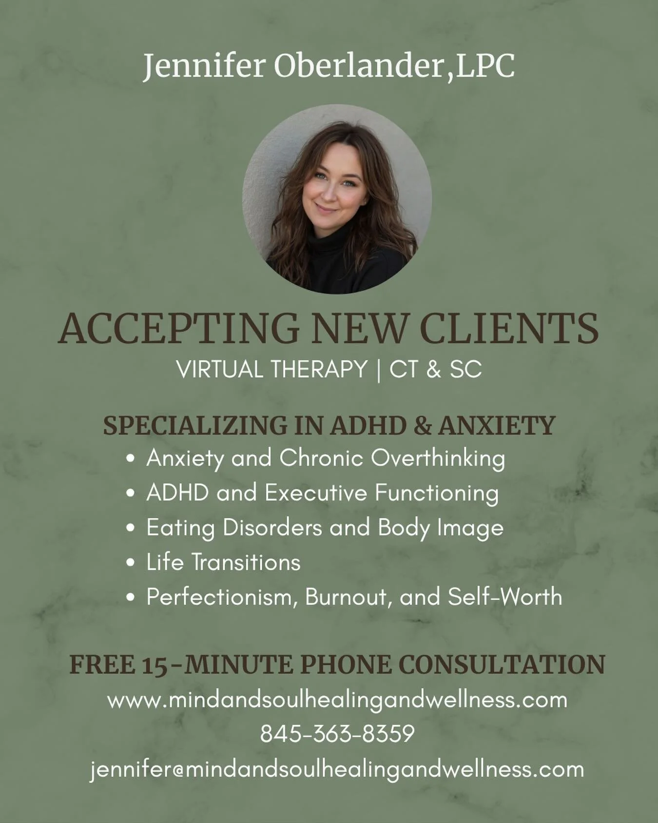 🌿 Happy April 🌿

New month, new beginnings 🤍

I&rsquo;m happy to share that I am now accepting new clients&mdash;there is officially no waitlist!

Offering virtual individual therapy for clients in South Carolina &amp; Connecticut 💻

If you&rsquo