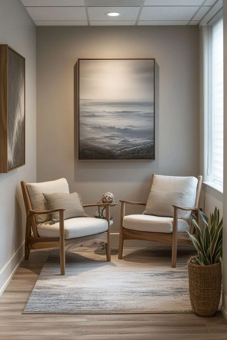 A small seating area with two beige armchairs with wooden frames, a small side table with a decorative object, a plant in a woven basket, and a framed landscape photo of the sky and clouds on the wall.