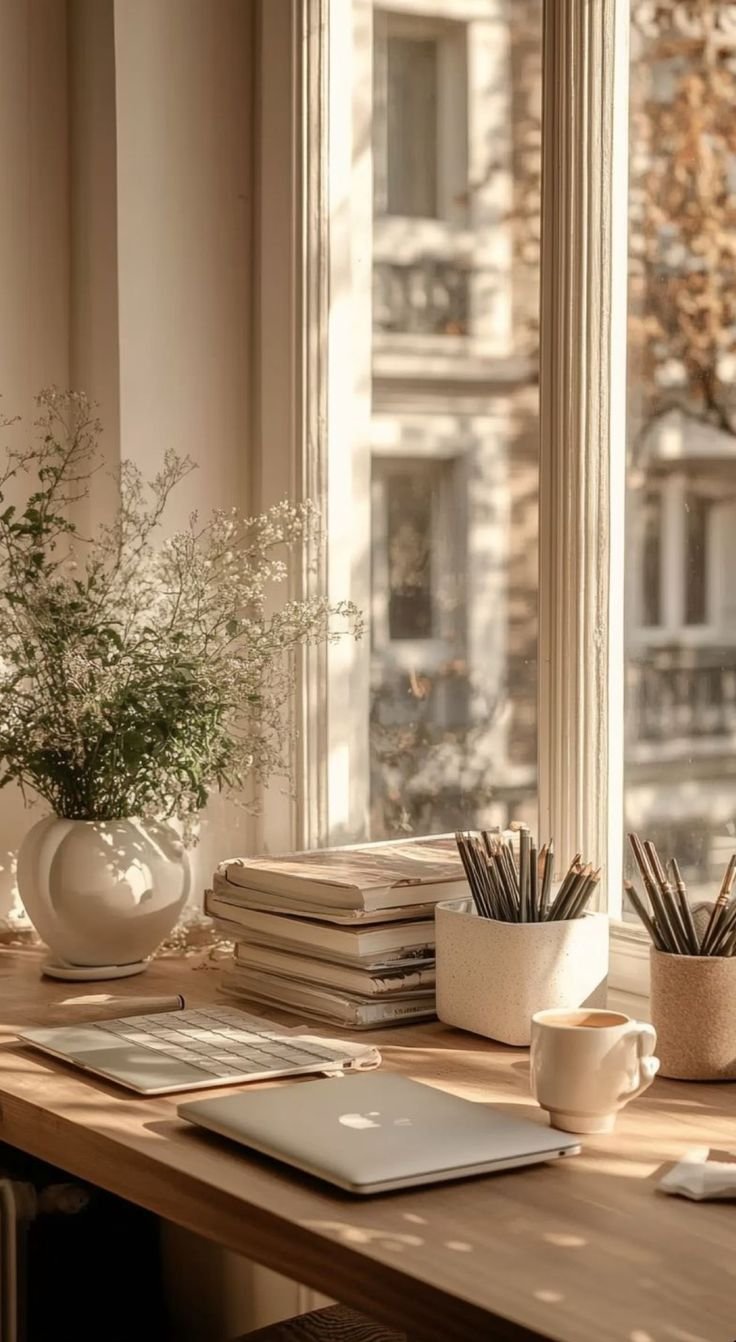 A cozy workspace next to a window with sunlight, featuring a stack of notebooks, a closed laptop, two cups, a pot of pens, and a vase of flowers.
