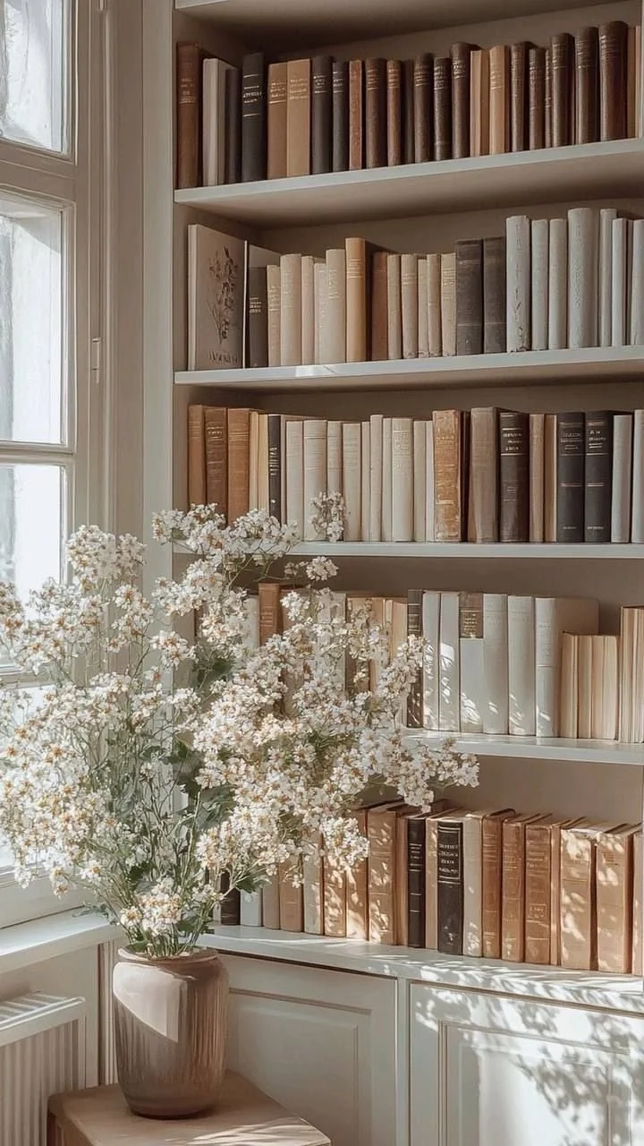 A corner of a room with a white bookshelf filled with books of various shades of brown, beige, and cream. There is a large vase with white flowers on a small table next to a window, with sunlight casting shadows on the bookshelf and wall.
