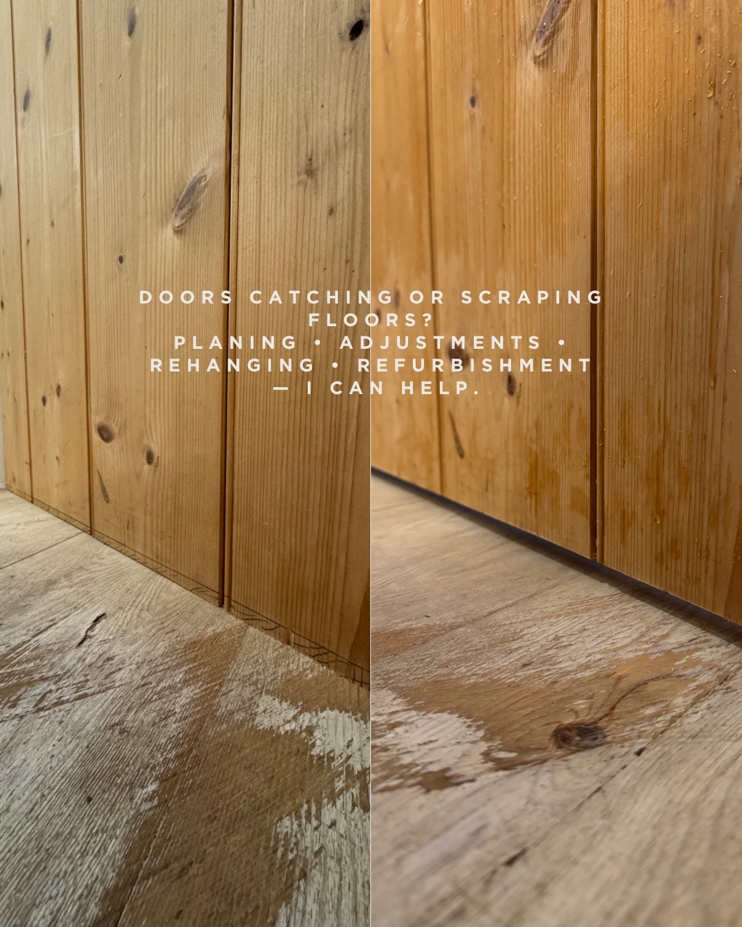 Comparison of a wooden door frame with and without refinishing, showing the before and after of work done on the wood surface.