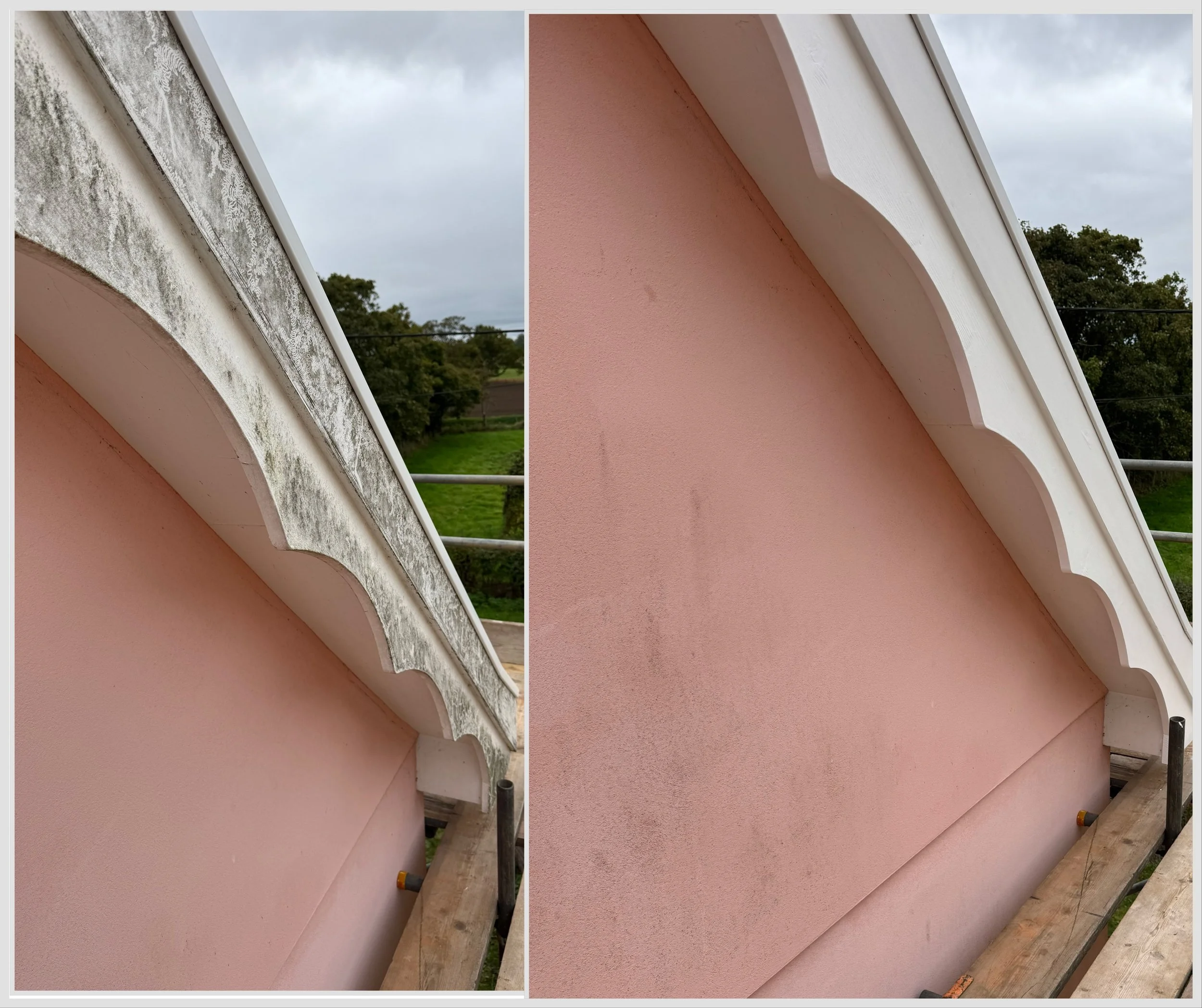 Comparison of a building exterior with weathered and clean white trim, pink wall, and cloudy sky in the background.