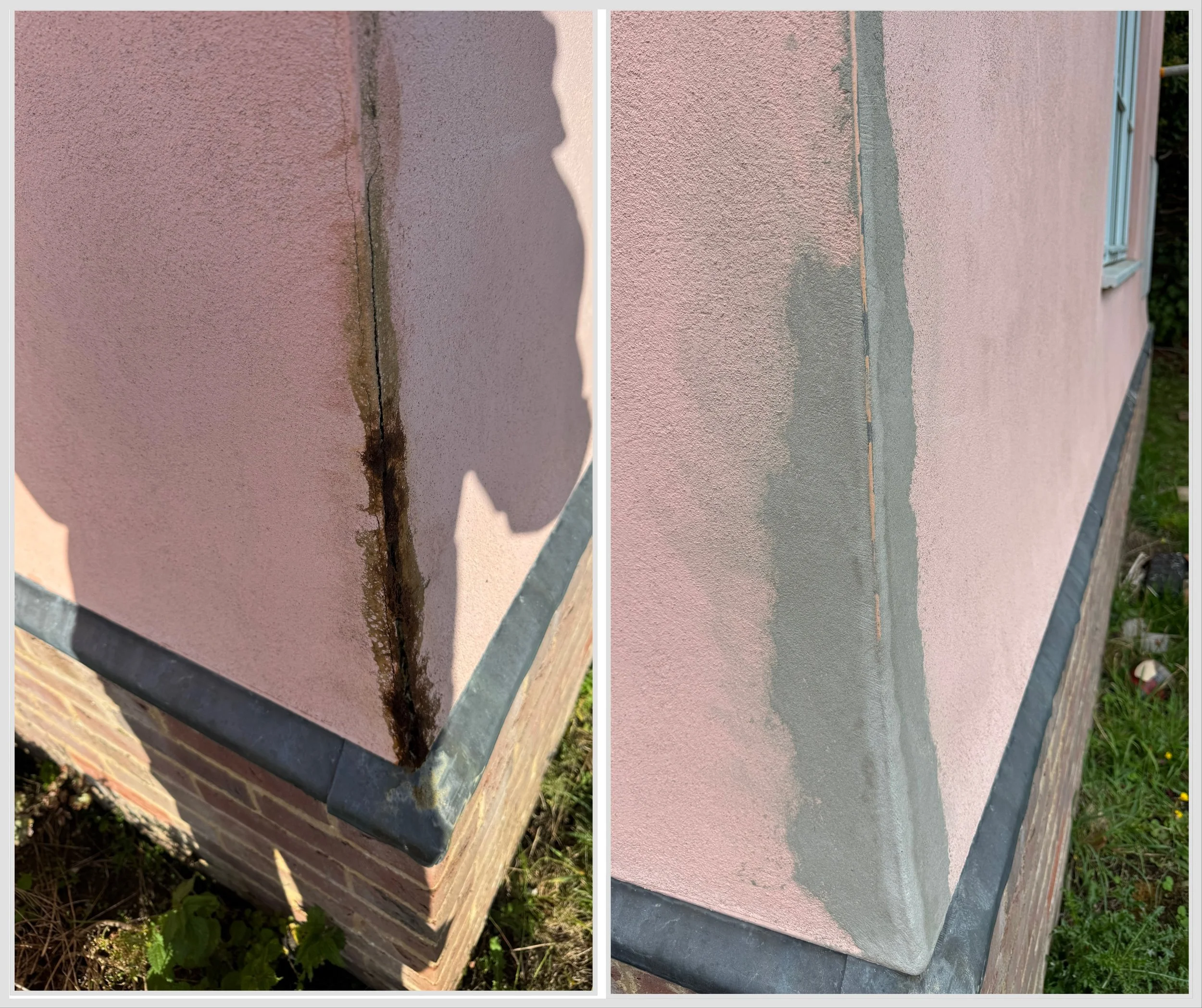Side-by-side images of a building corner showing a damaged and repaired stucco wall with pink paint and gray sealant or mortar.