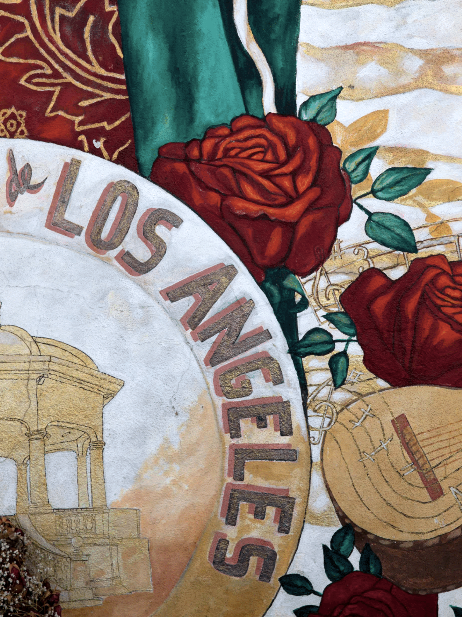 Close-up of a painted mural featuring red roses, a green leaf, and the word 'RESISTANCE' written diagonally in large bold letters, with parts of an architectural drawing and abstract background.