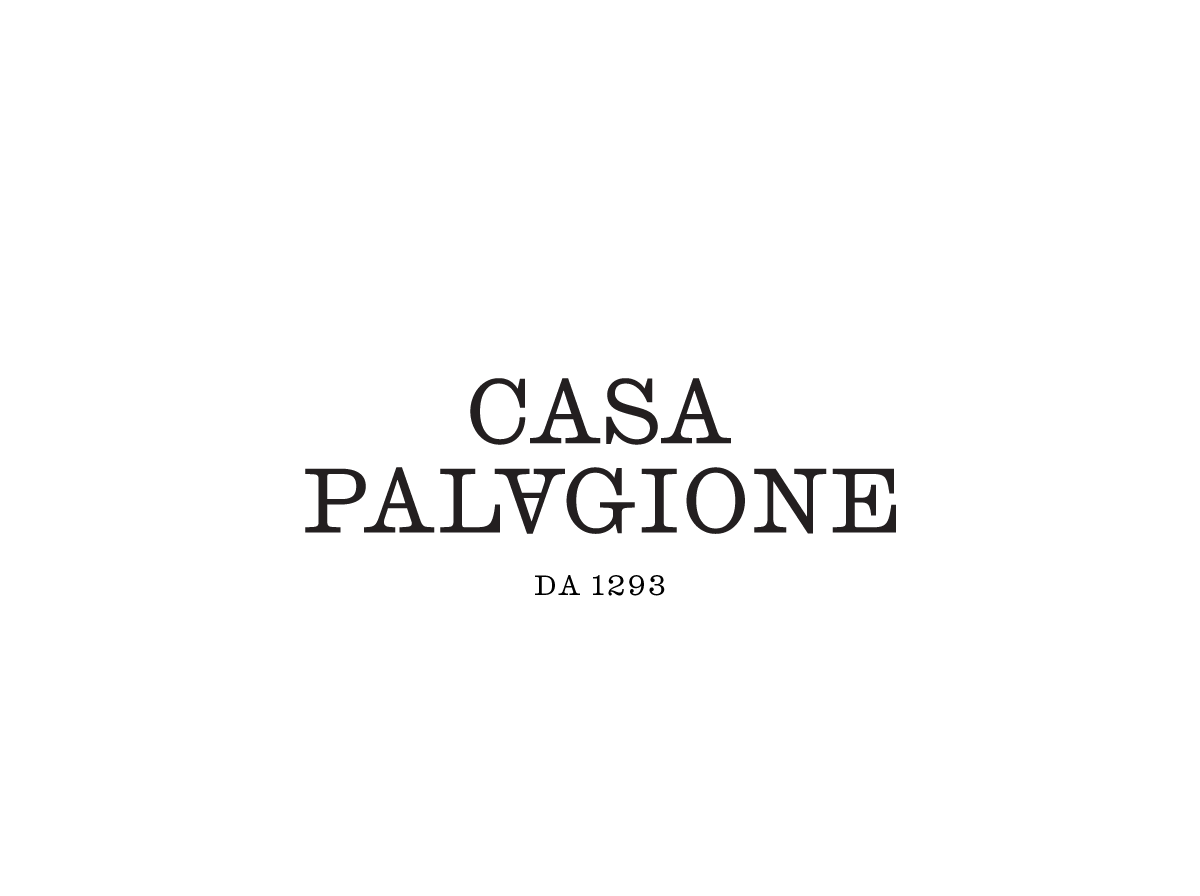 Black graphic with various house and home-related icons along the top, and the words "Casa Palagione" in the center in dark letters.