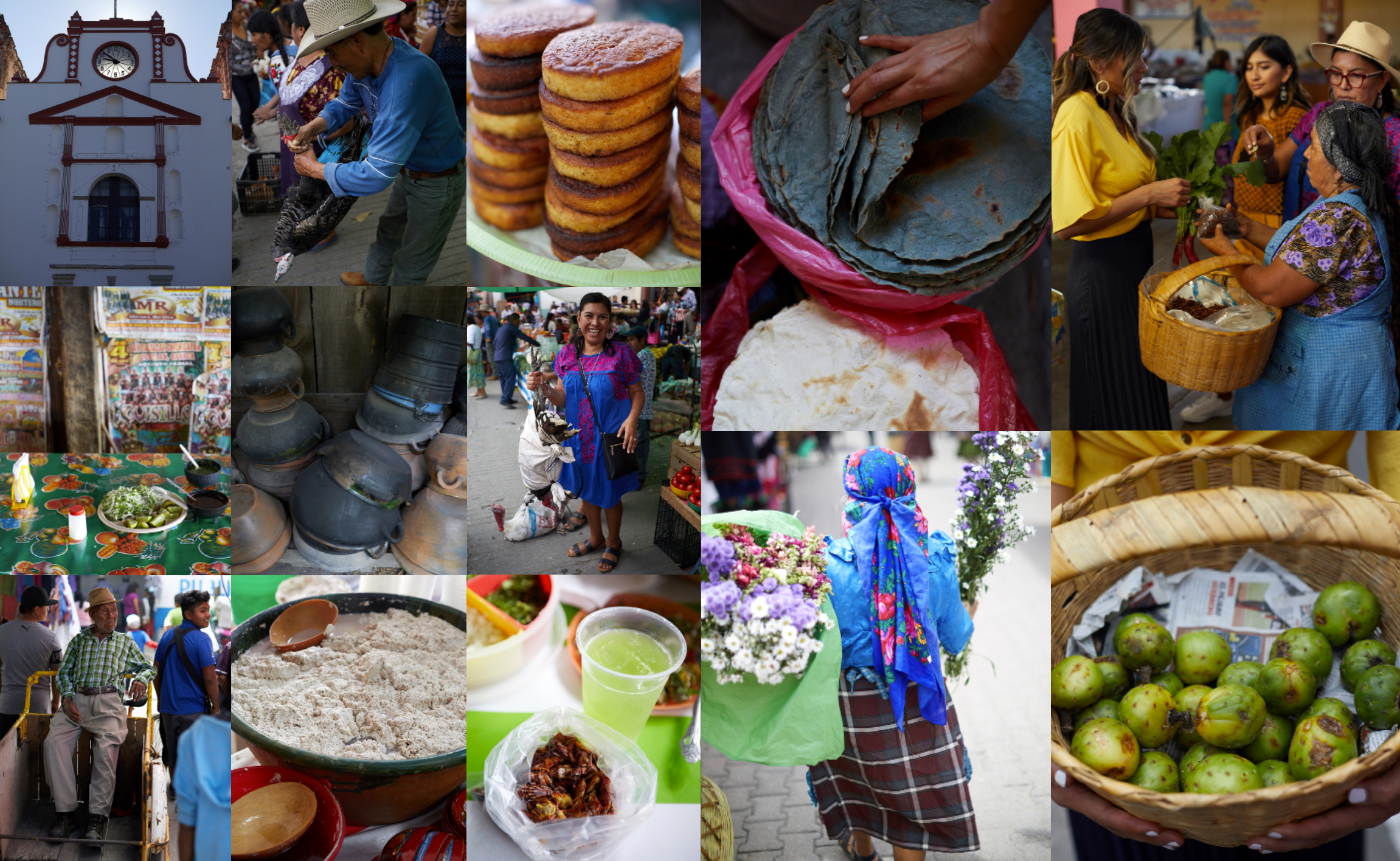 Scenes from a vibrant outdoor market with people selling and buying food, flowers, and textiles, including baked goods, fresh fruit, and handmade crafts.