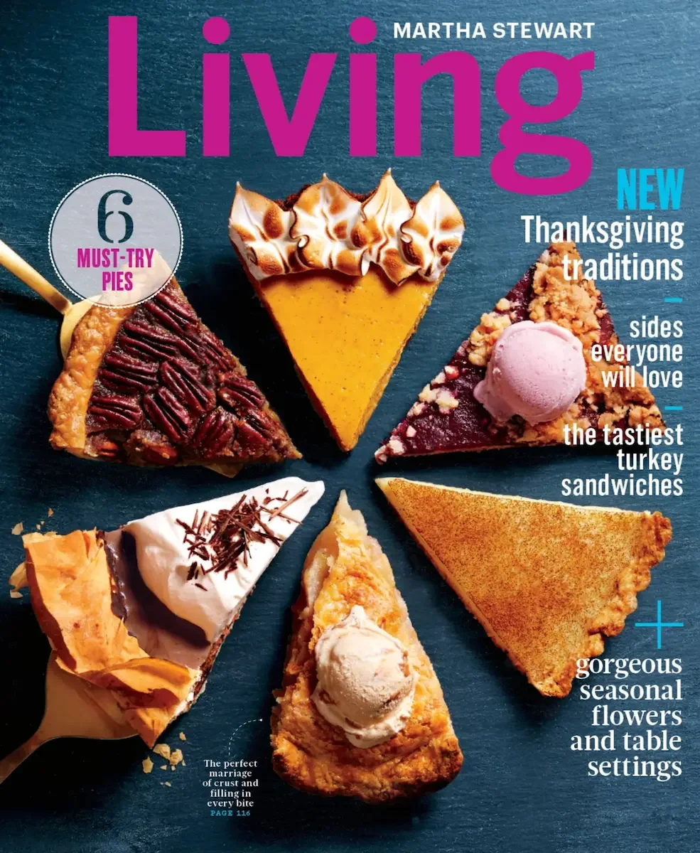 Cover of a magazine titled 'Living' by Martha Stewart, featuring various slices of pie with toppings and fillings, and text highlighting Thanksgiving traditions, holiday dishes, and seasonal flowers.