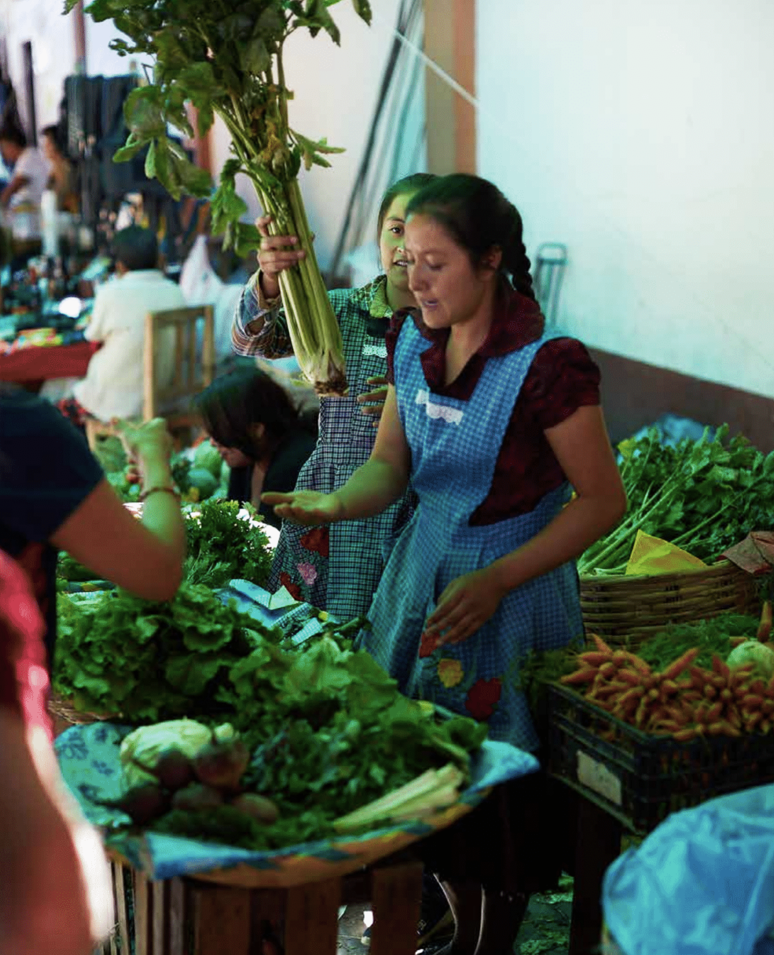Women at a market stall with fresh vegetables, including leafy greens and carrots, engaging in shopping activities.