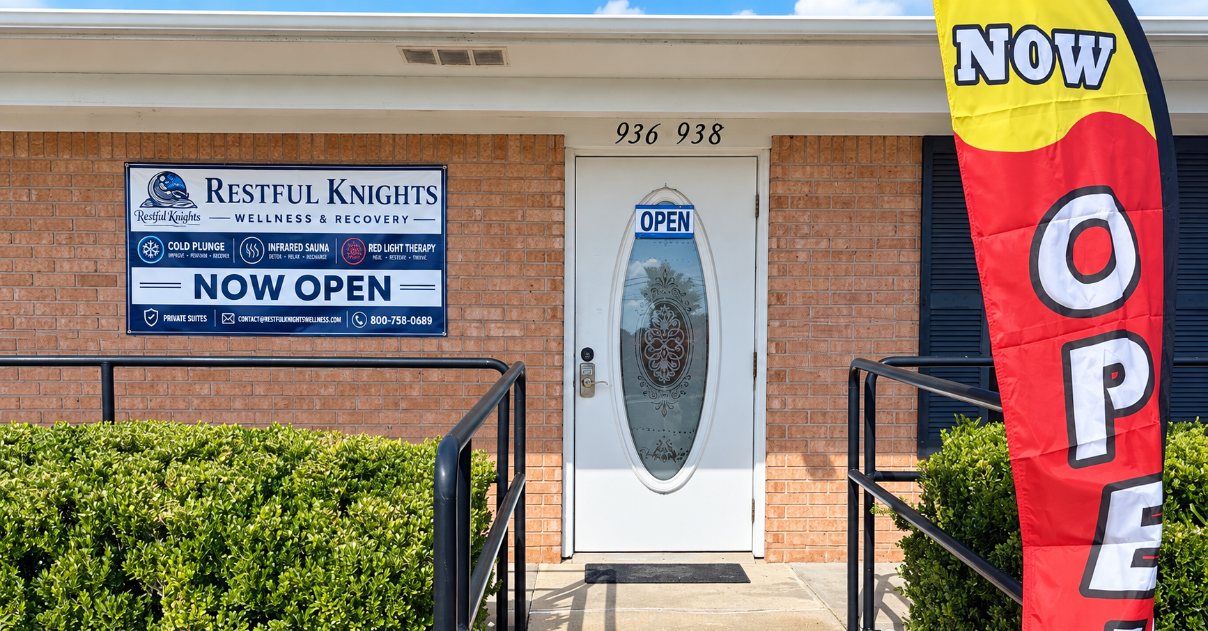 Restful Knights Wellness & Recovery storefront in Crestview, Florida, with entrance and Now Open flag.