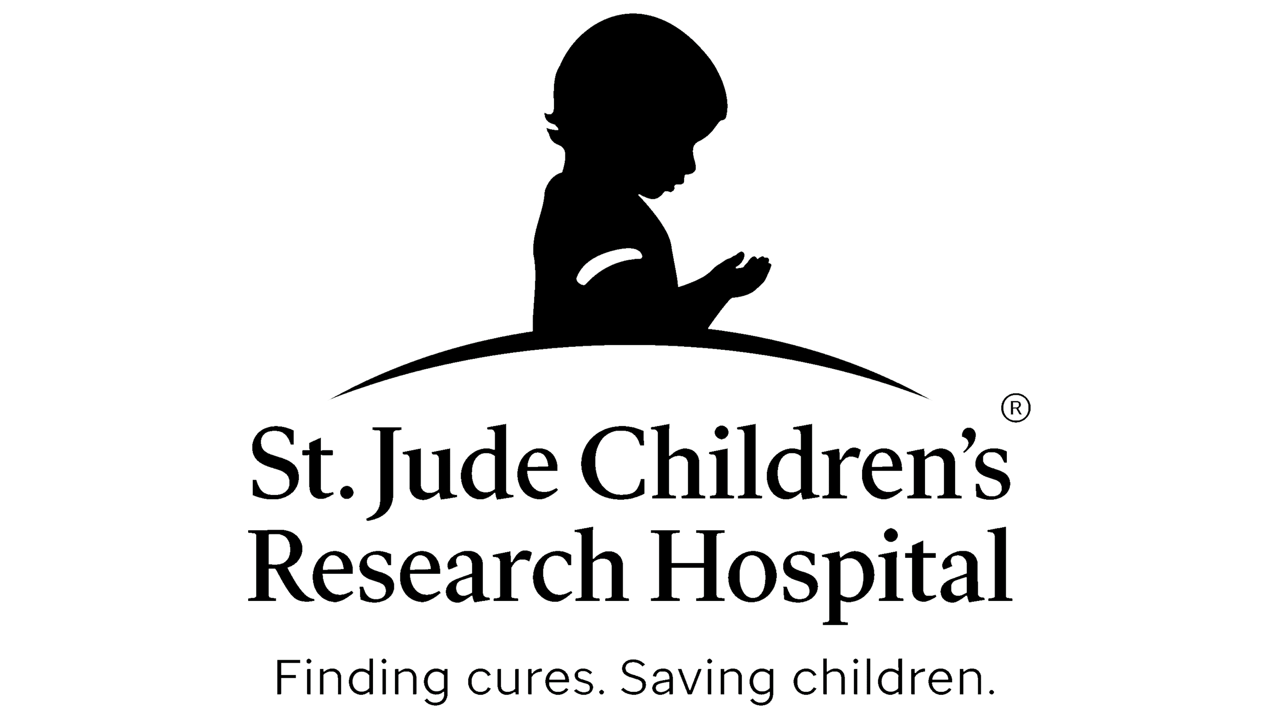 Logo of St. Jude Children's Research Hospital featuring a silhouette of a child reading a book, with the text "St. Jude Children’s Research Hospital" and the slogan "Finding cures. Saving children."