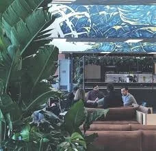Two people sitting at a table in a modern, lush indoor space with large tropical plants and decorative murals on the wall.