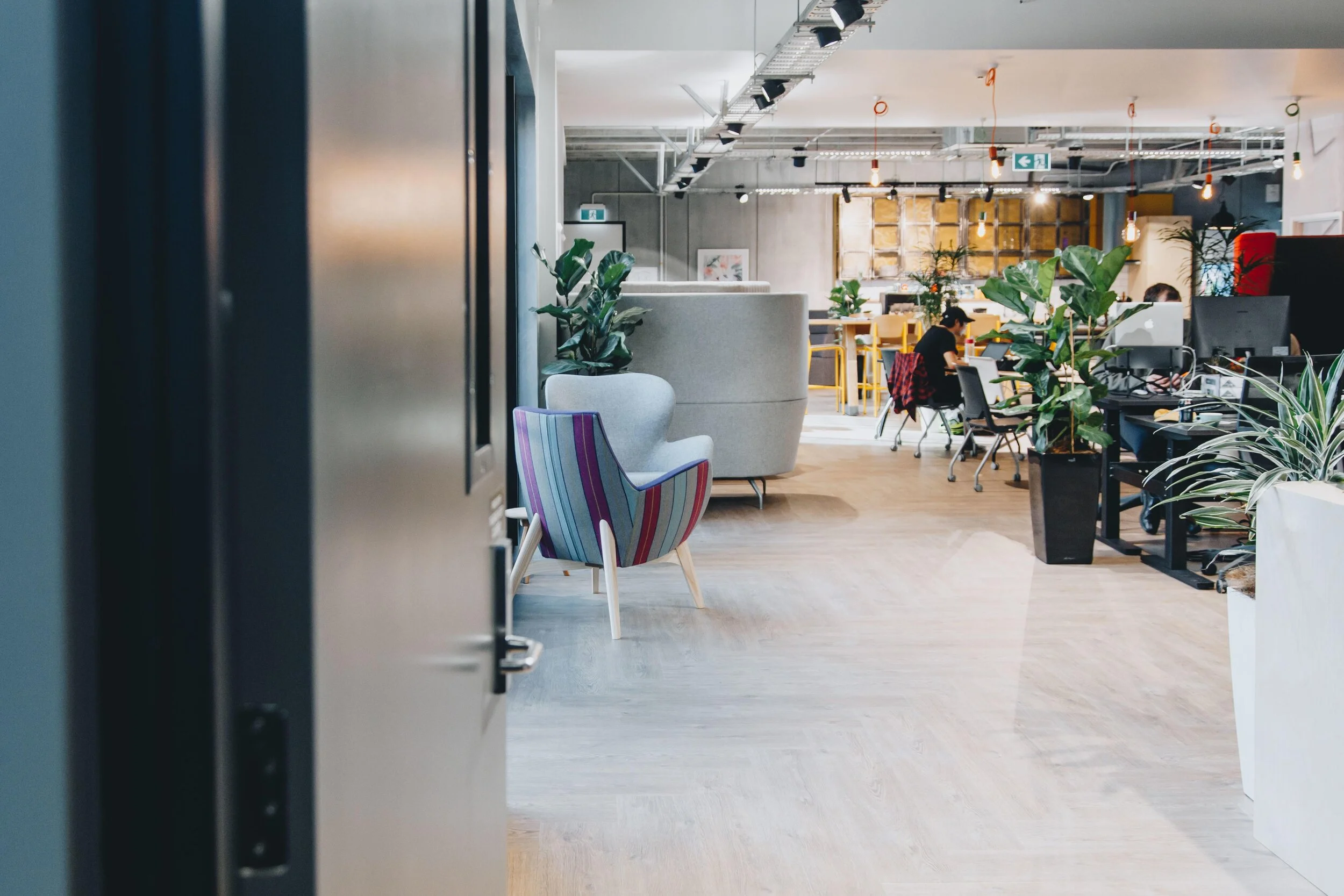 Open office space with plants, desks, and people working at computers.