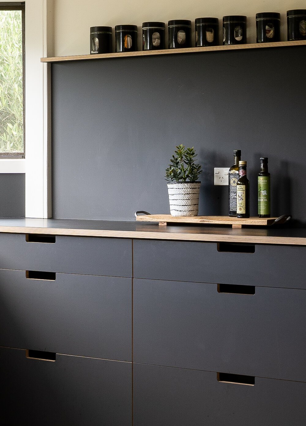 Kitchen countertop with a potted plant and bottles of oil or vinegar, dark cabinets with handle cutouts, and a window on the left side.