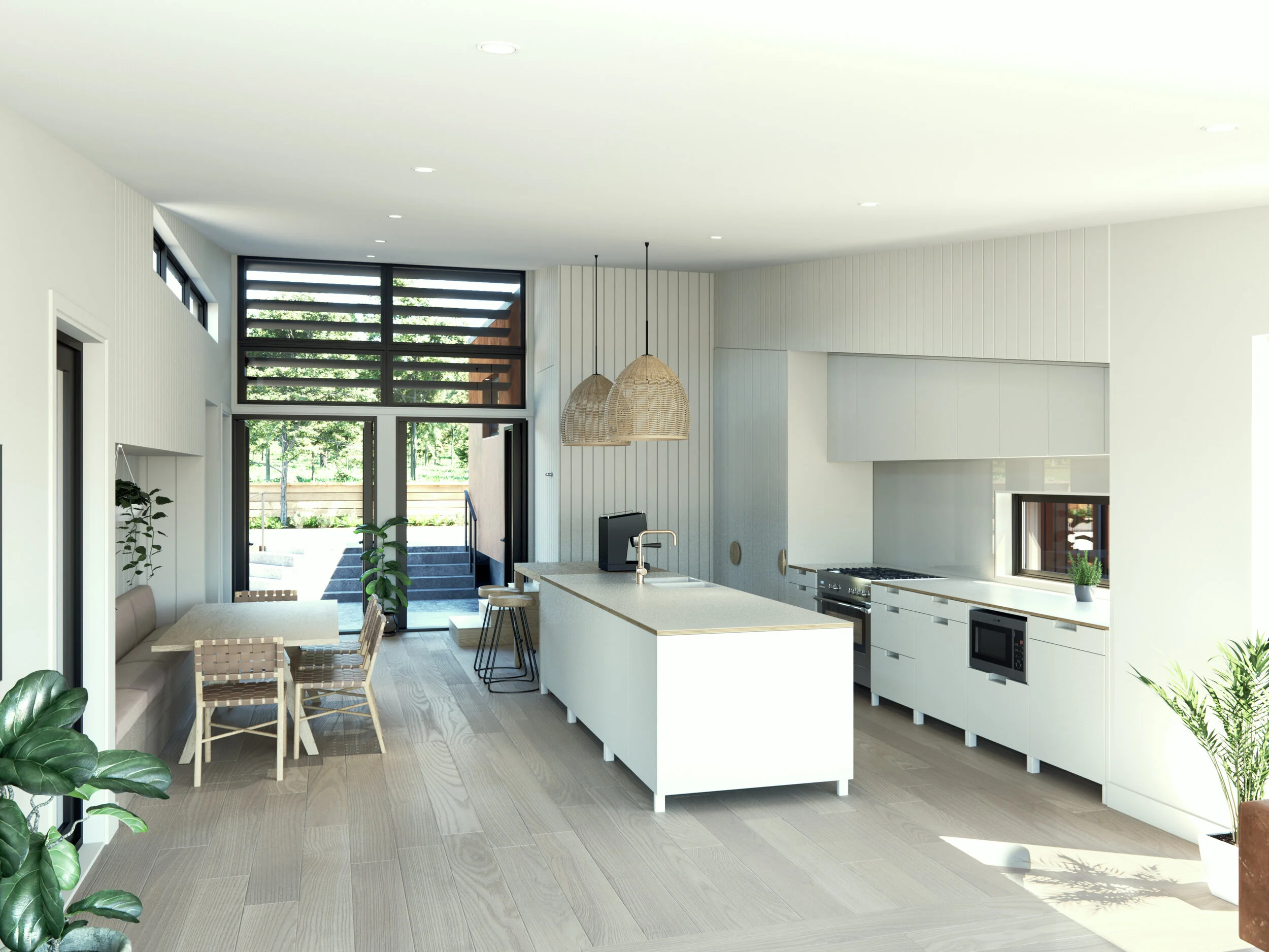 Modern open-plan kitchen with white cabinetry, a kitchen island, black appliances, hanging rattan pendant lights, a dining table with chairs, large windows, and potted plants, sunlight streaming in.