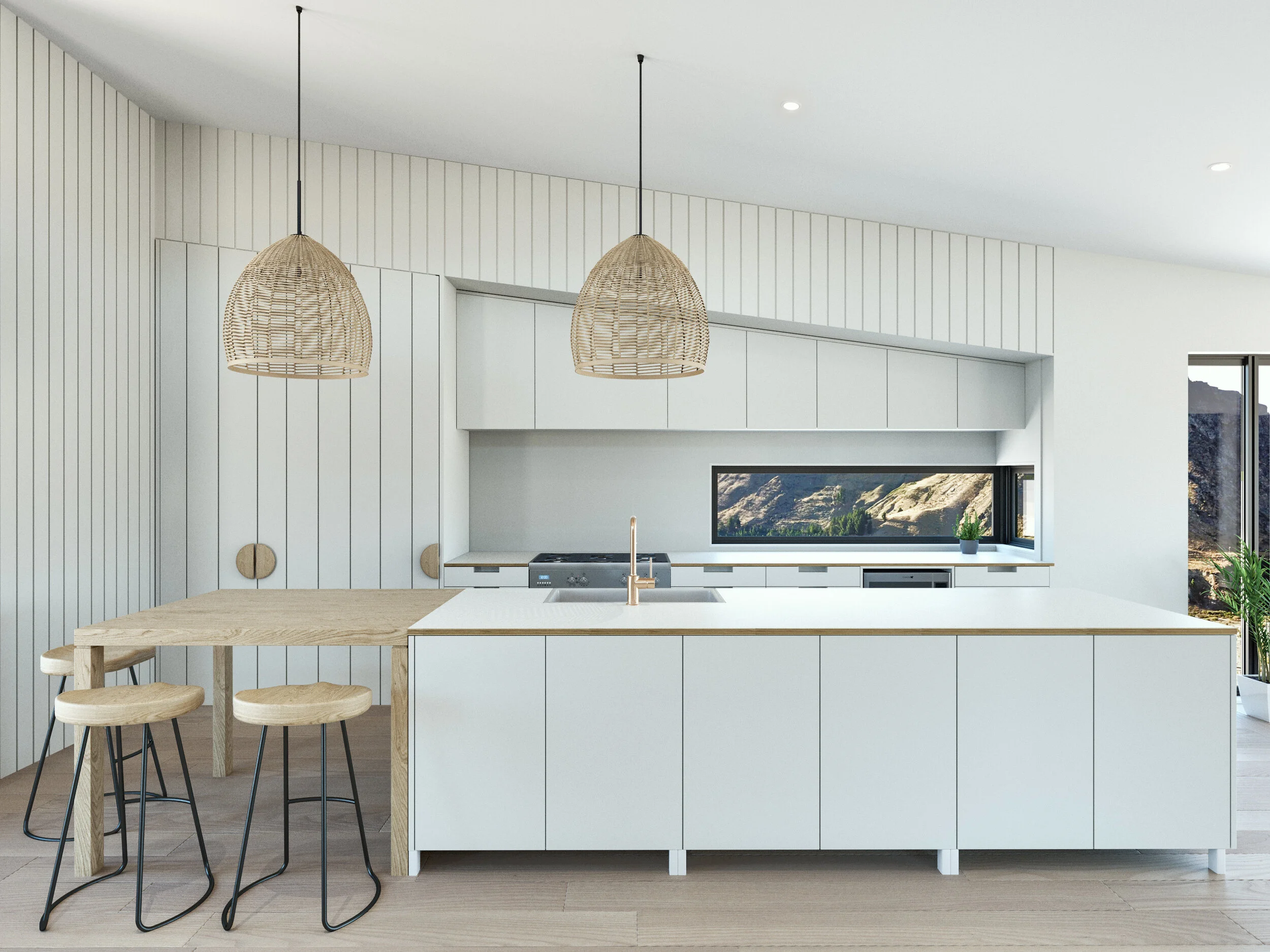 Kitchen countertop with a potted plant and bottles of oil or vinegar, dark cabinets with handle cutouts, and a window on the left side.