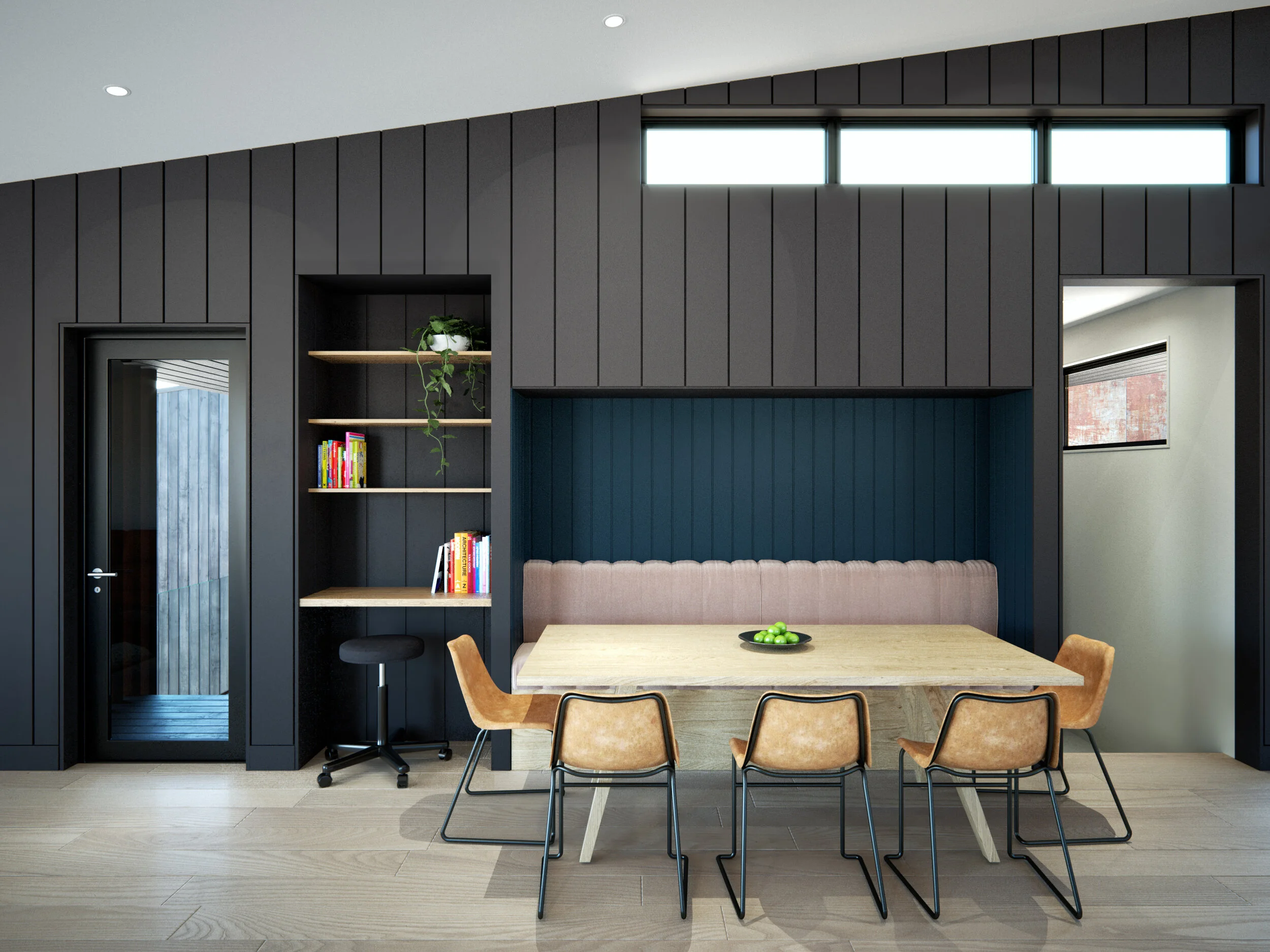Modern dining area with a wooden table surrounded by six tan chairs, a beige upholstered bench along dark blue wall paneling, a built-in bookshelf with books and a plant, a black door with glass panel, and windows letting in natural light.