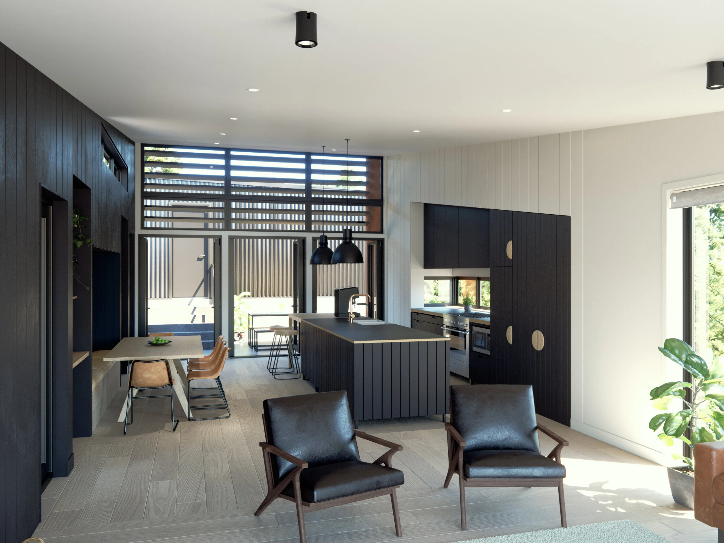 Modern open-plan kitchen and living area with black cabinetry, a kitchen island, dining table, and lounge chairs, brightened by natural light from large windows.