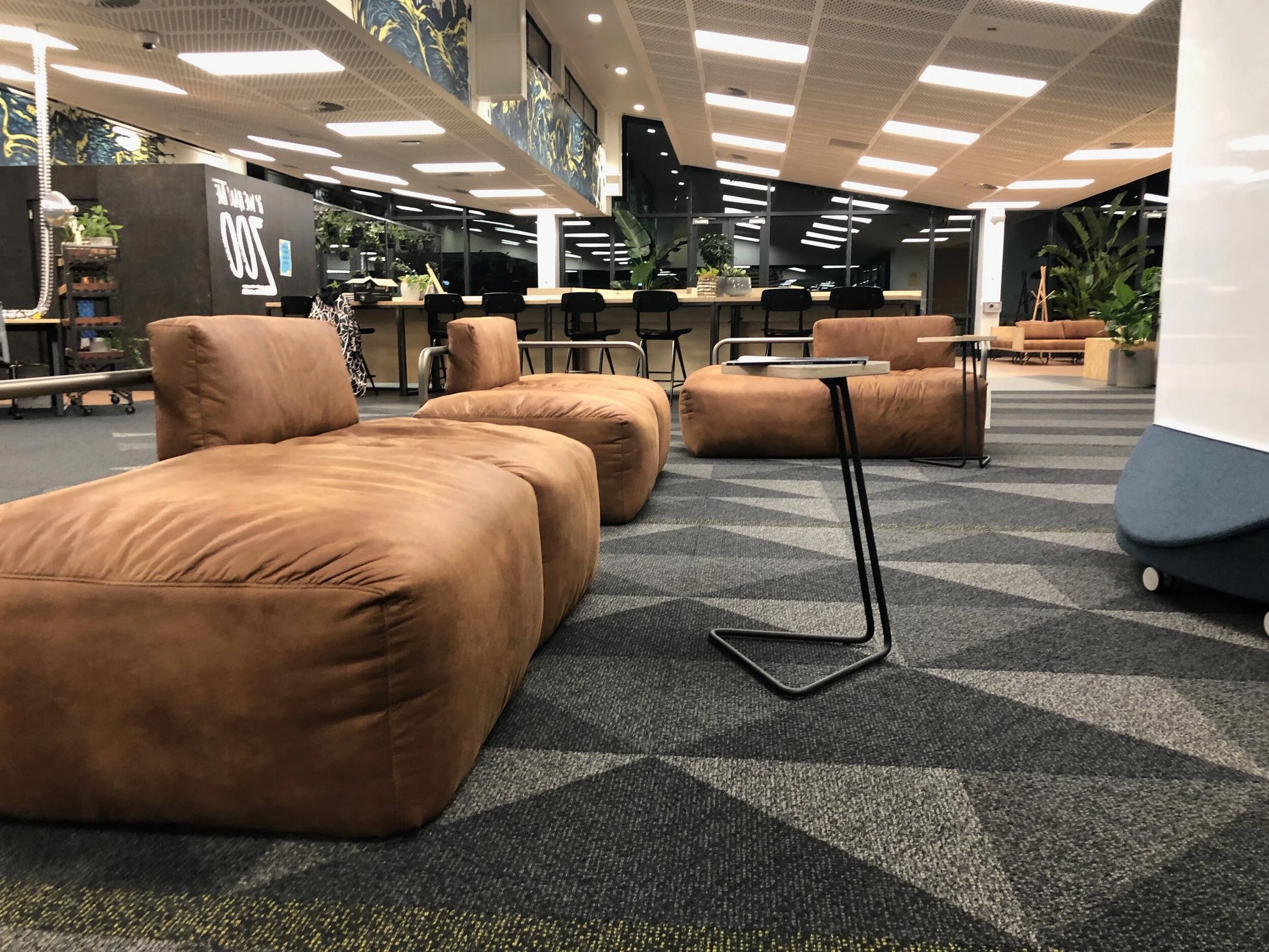 Modern indoor lounge with brown cushioned seating, black and gray patterned carpet, high bar counter with black chairs, potted plants, and large windows.