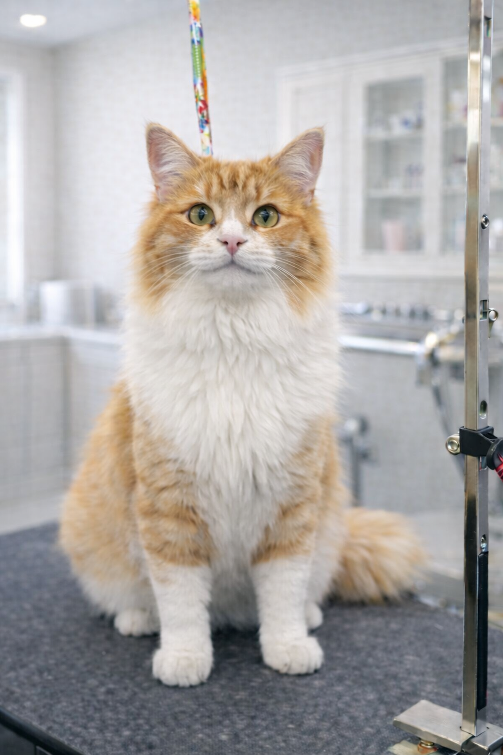 Orange and white long-haired cat sitting on grooming table.