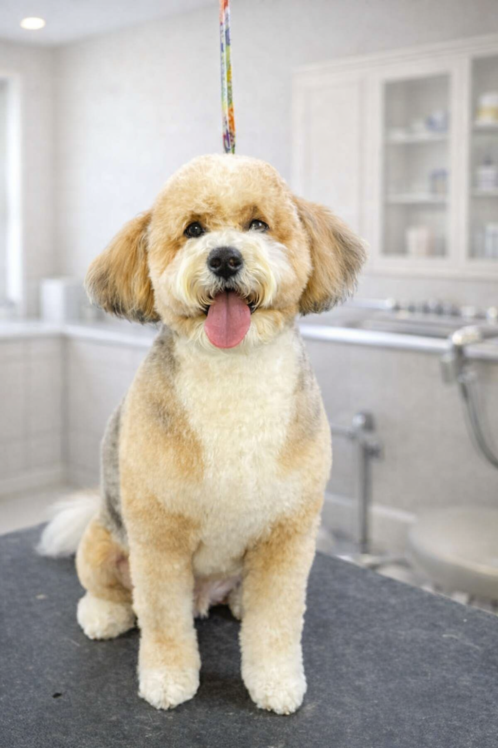 A dog with a fluffy, curly coat, sitting on a grooming table in a pet grooming salon, with its tongue out and looking at the camera.