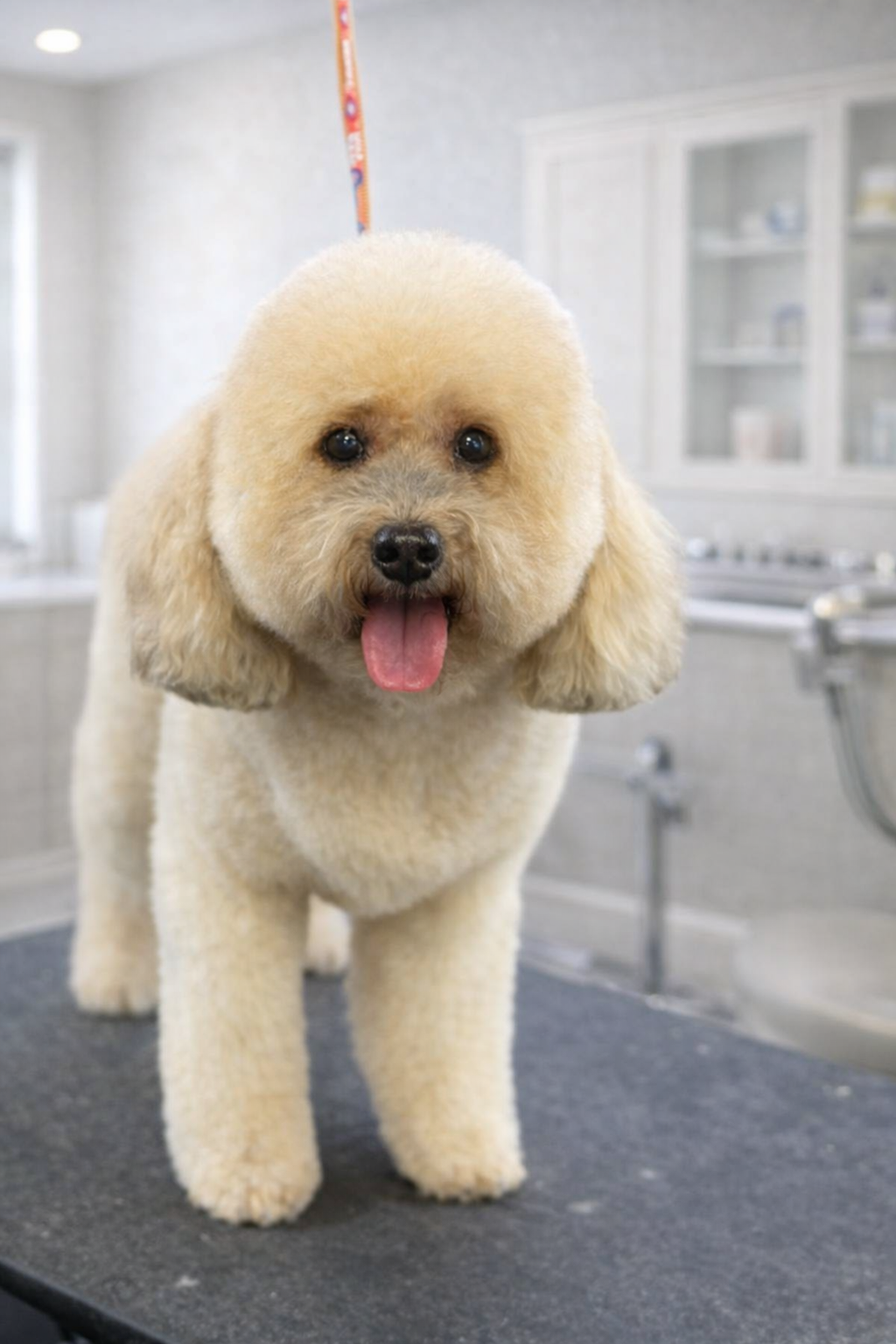 A fluffy, light-colored poodle standing on a grooming table in a pet grooming salon, with a grooming loop around its neck, looking at the camera with its tongue out.