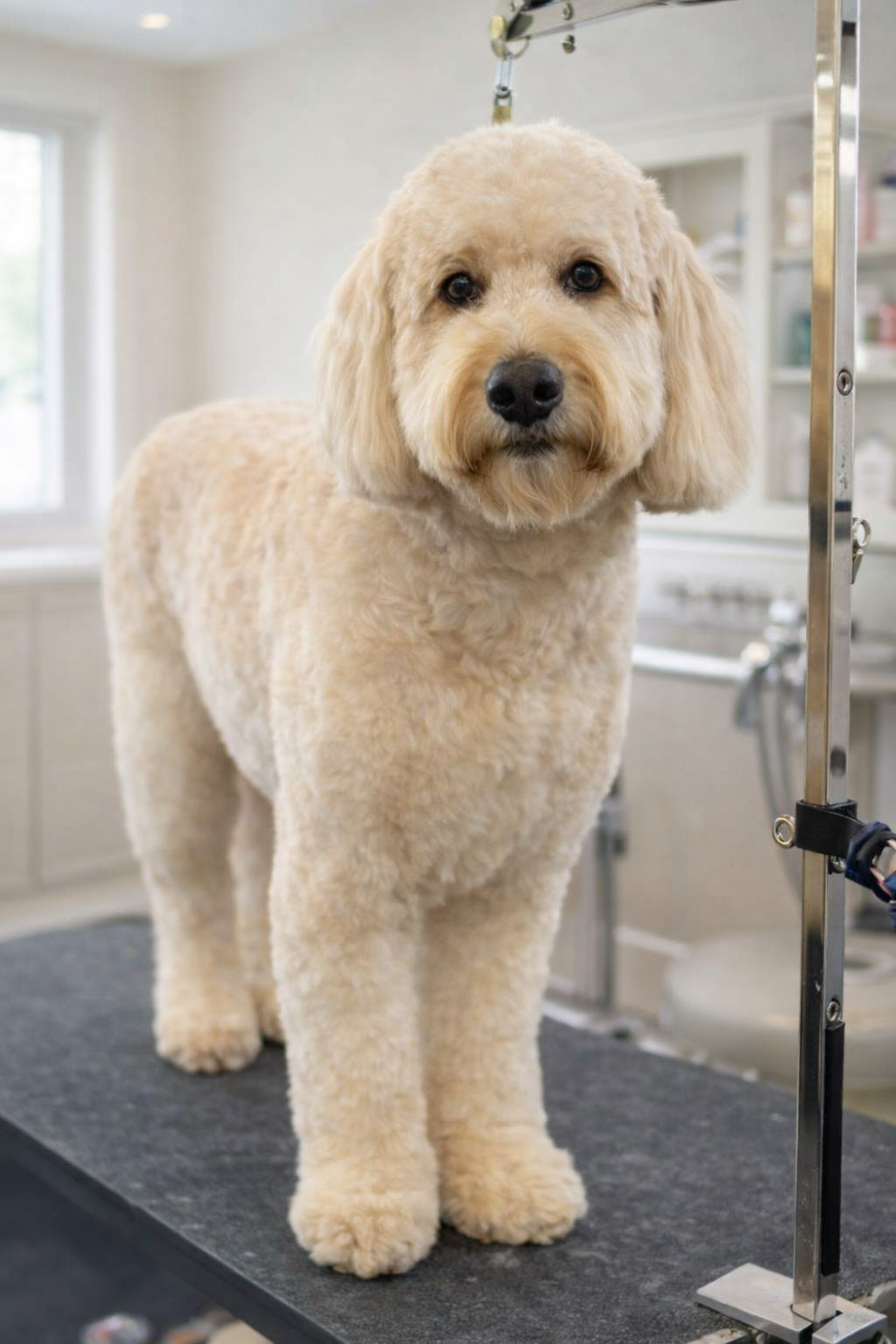 A light-colored, fluffy dog standing on a grooming table with grooming equipment and shelves in the background.