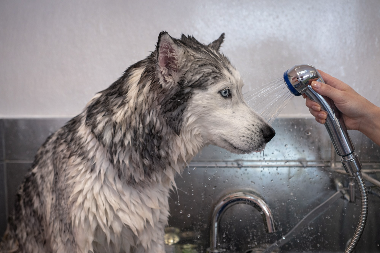 A husky dog with wet fur being rinsed with a handheld shower head in a grooming sink.