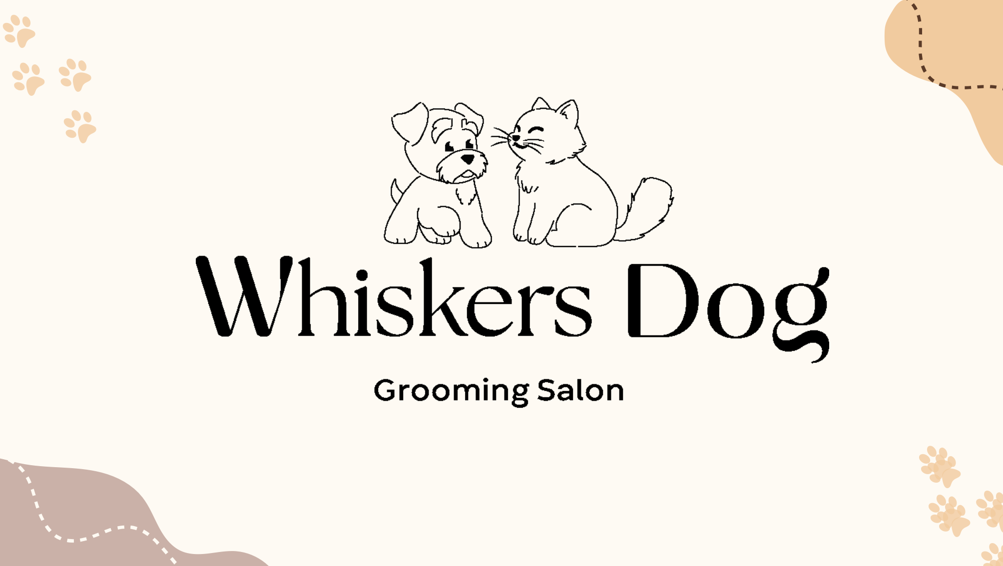 Logo for Whiskers Dog Grooming Salon featuring a cartoon dog and cat facing each other, with the salon's name in bold, black text.