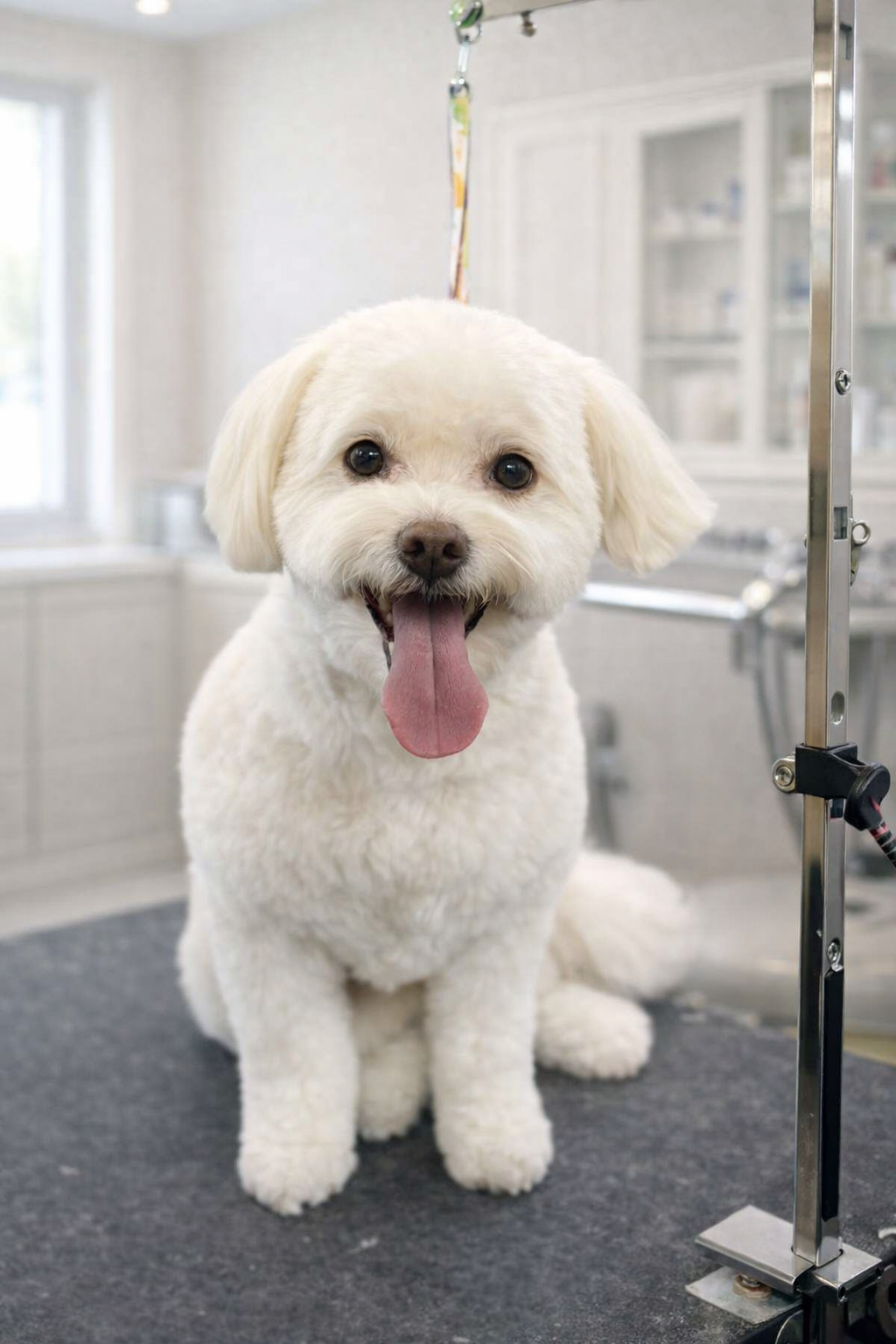 A happy small white dog sitting on a grooming table, looking at the camera with its tongue out, inside a grooming salon with shelves and a window in the background.