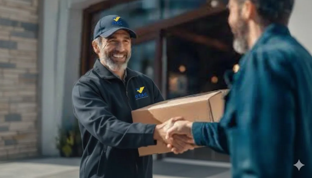 A smiling delivery person wearing a black jacket and cap with a logo hands a package to a customer outside a building.