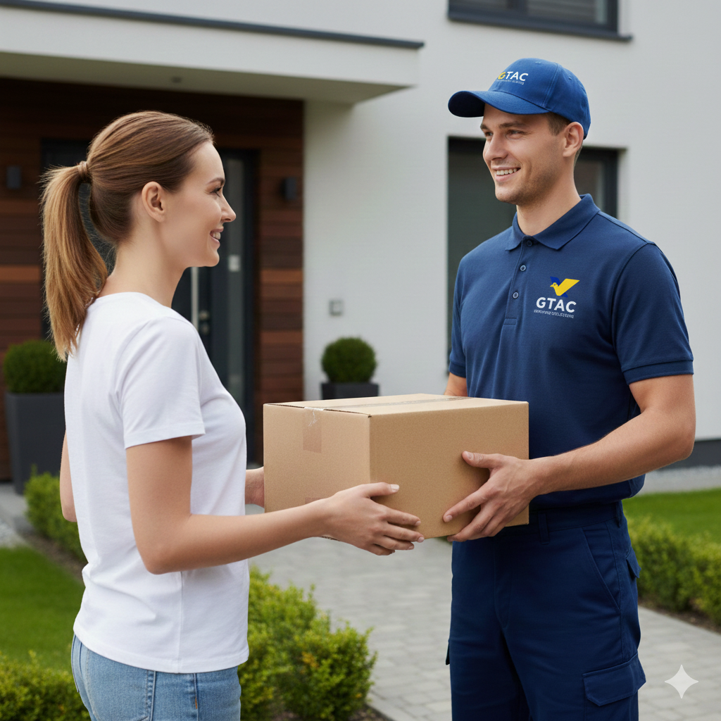 A woman receiving a package from a delivery person outside a modern house.