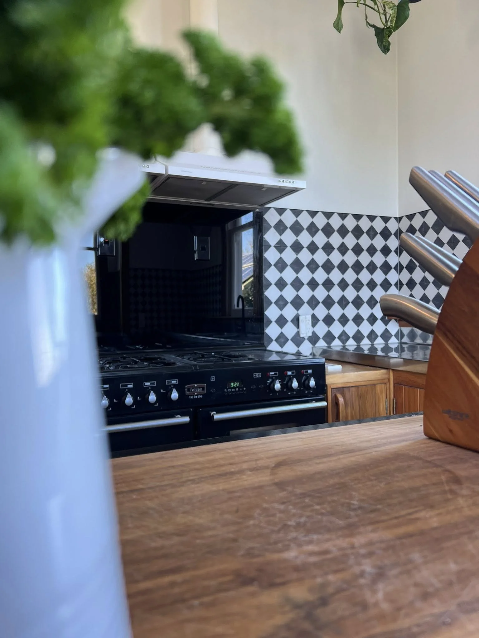 View of a kitchen with a black stove and oven, a wooden countertop, and a geometric black-and-white tiled backsplash. A chefs knife block is on the right, and a blue and white vase with green foliage is in the foreground.