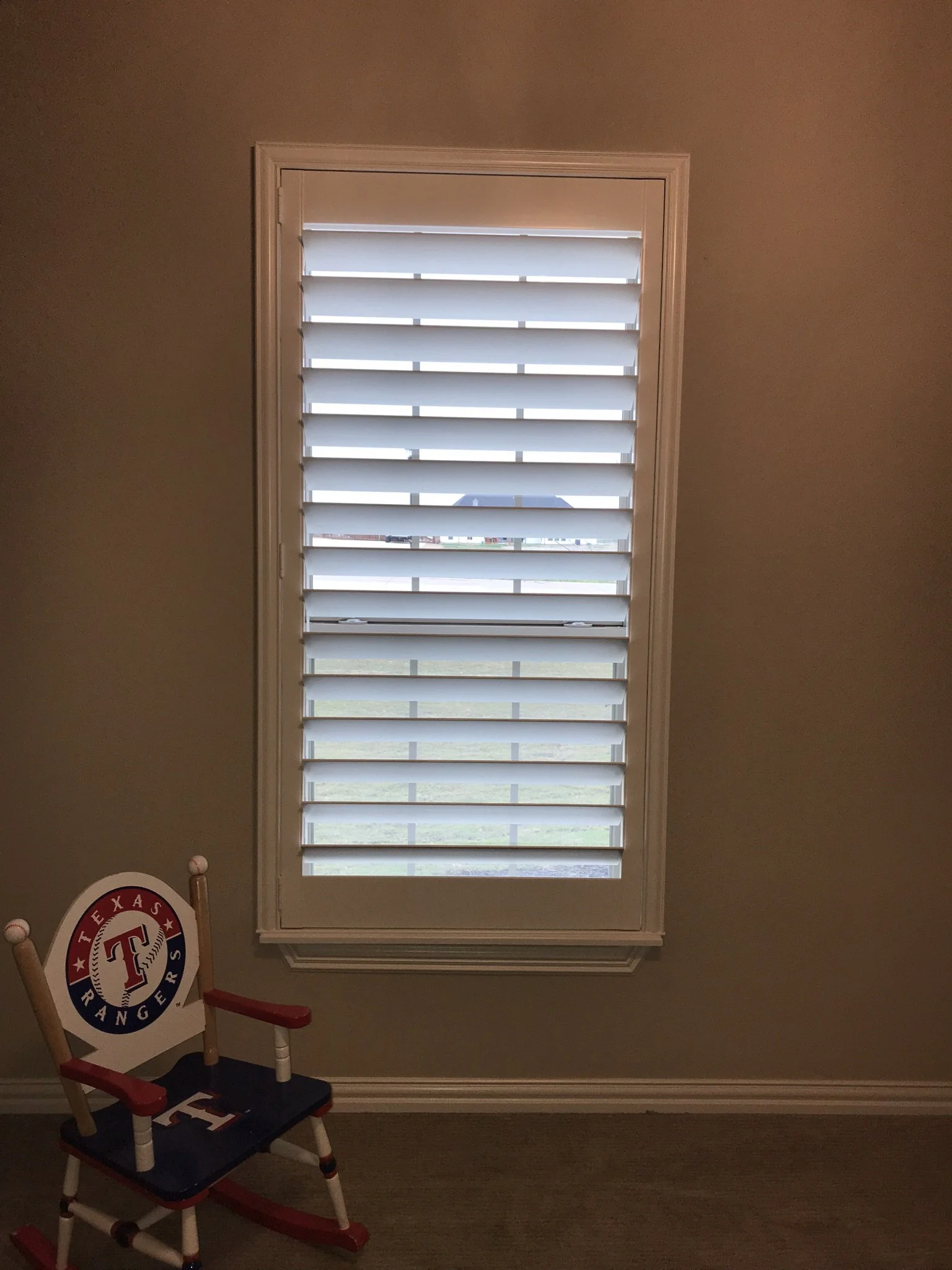 Custom wood shutter with rear tilt, 1 panel, painted white, no divider rails.